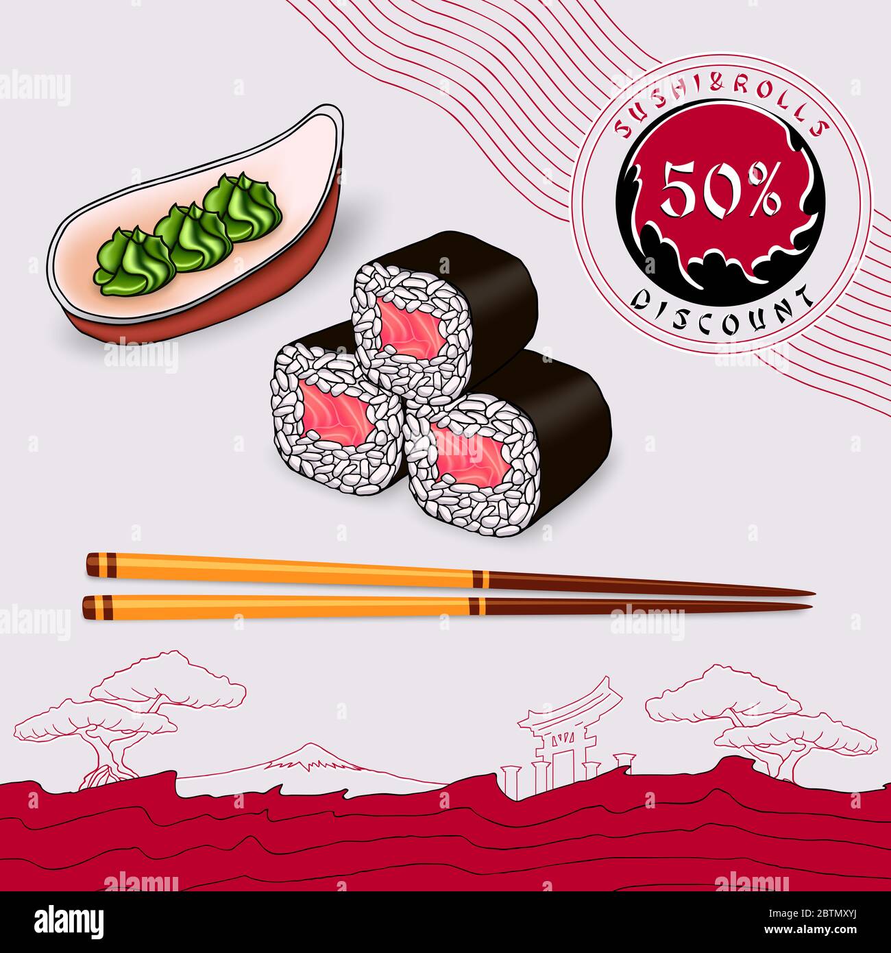 coupon de réduction pour la circulaire rouleaux de saumon japonais enveloppés d'algues sur une assiette gris clair avec baguettes Banque D'Images