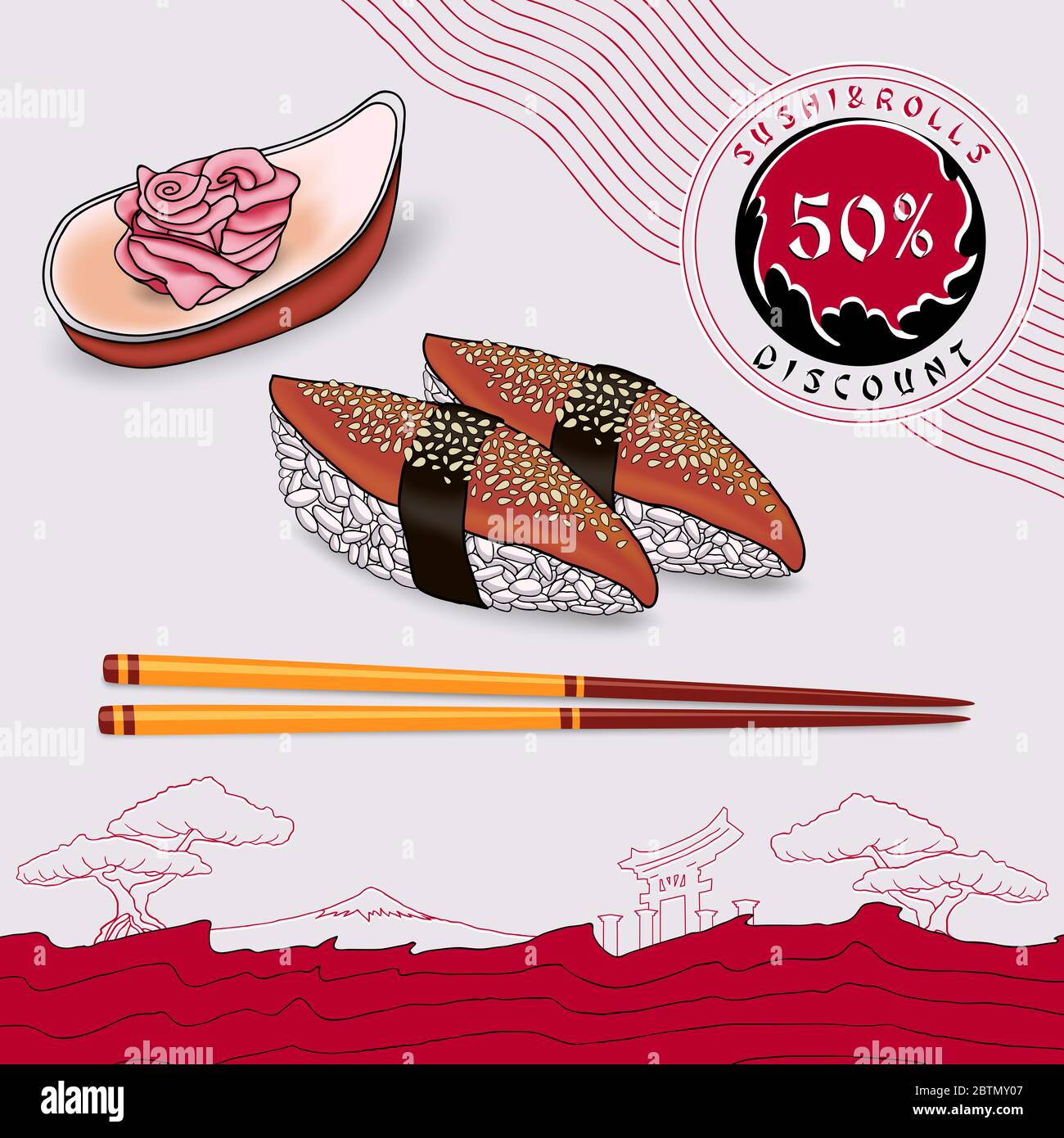 bon de réduction pour le riz sushi japonais avec anguille et gingembre mariné sur un bol avec des baguettes sur une assiette gris clair avec une bande rouge Banque D'Images