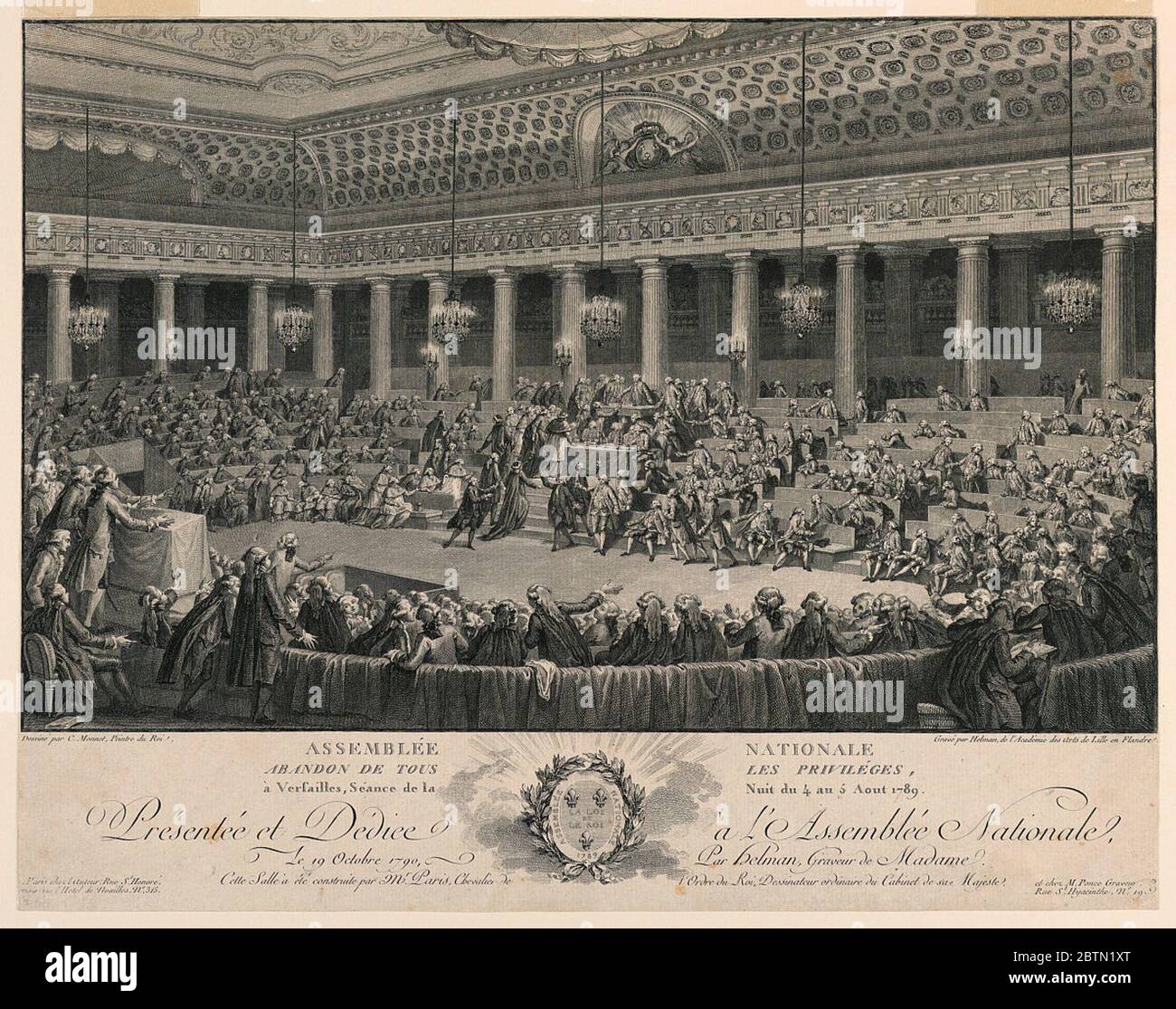 L'Assemblée nationale à Versailles en 1789. Recherche en ProgressInterior à la salle des Revels à Versailles, montrant la réunion de l'Assemblée nationale à laquelle les privilèges de noblesse ont été confisqués. Banque D'Images