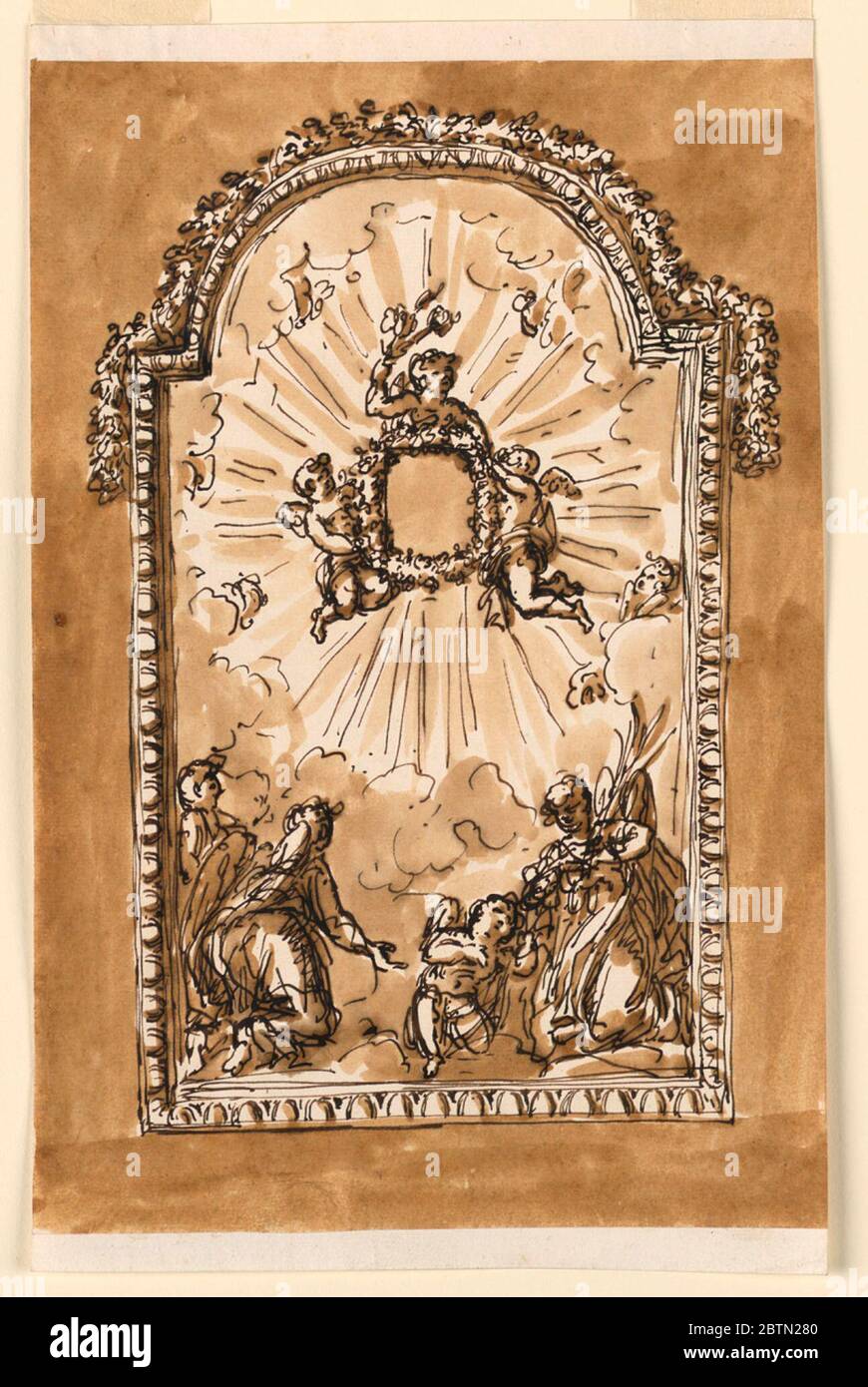 Cadre pour petite image de dévotion. Recherche en représentation encadrée de Progressa, la plupart de l'arête supérieure étant circulaire. Trois anges soutiennent une couronne ovale comme cadre pour une petite photo. Il est entouré par une gloire de rayons et de chérubins. Ci-dessous se trouvent quatre anges sur les nuages et la plupart d'entre eux qui se refont. Banque D'Images