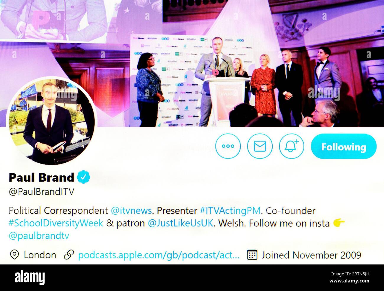 Page Twitter (mai 2020) Paul Brand - ITV News correspondant politique Banque D'Images