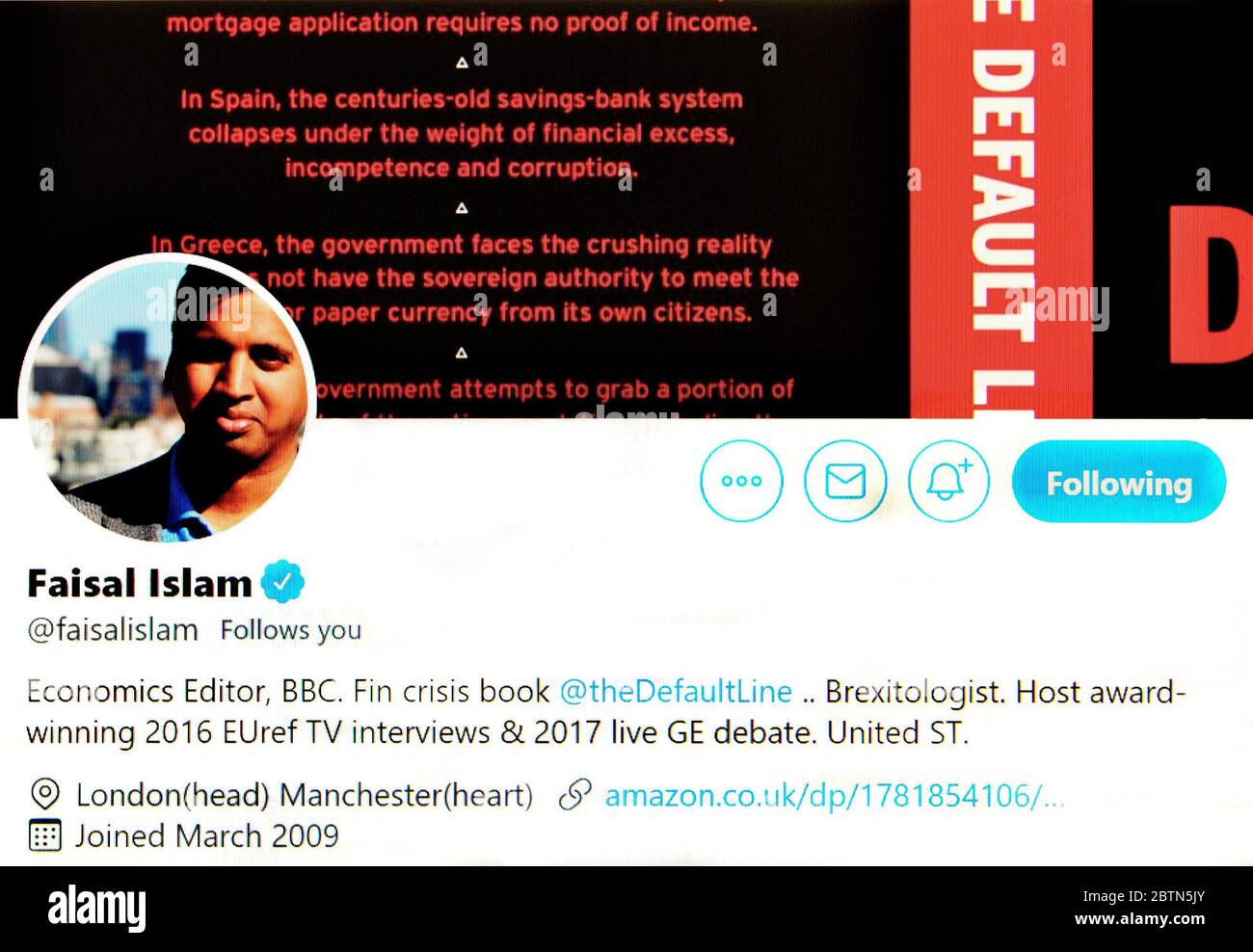 Page Twitter (mai 2020) Faisal Islam - BBC News Economics Editor Banque D'Images