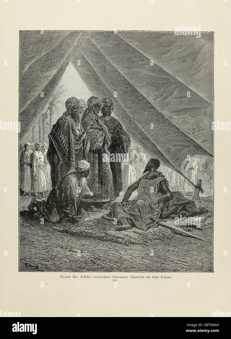 Godfrey [Godfrey de Bouillon (Godefroy, Godfried, Gottfried, Godefridus Bullionensis; 18 septembre 1060 – 18 juillet 1100) était l'un des chefs de la première croisade. Il fut le premier souverain du Royaume de Jérusalem de 1099 à 1100] imposant un hommage aux émirs Dore plate XXXI de l'histoire des croisades. Avec une magnifique galerie d'une centaine de gravures pleine page de l'artiste de renommée mondiale Gustave doré [Gustave Dore] de Boyd, James P. (James Penny), 1836-1910. Publié à Philadelphie 1892 Banque D'Images