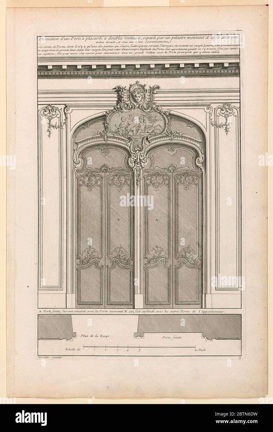 Assiette 2 dune décorative porte placards double venteux. Recherche en ProgressTwo double portes dans une arche commune. Les deux portes sont dotées d'une volute de rocaille en forme de couronnement séparée. Au-dessus, la porte avec un tableau surmonté d'une sculpture d'un masque féminin sur une cartouche. Panneaux flanquant des portes avec petite volute et sculpture de fleurs sur le dessus. Banque D'Images