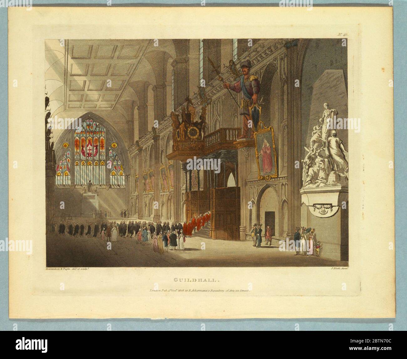 Guildhall du référentiel Ackermanns. Recherche dans le hall en pierre ProgressGothique, avec vitraux, portraits peints et sculpture sur bois. Un cortège d'hommes en peignoirs partent, au centre droit. Titre, noms des artistes et des éditeurs ci-dessous. Banque D'Images