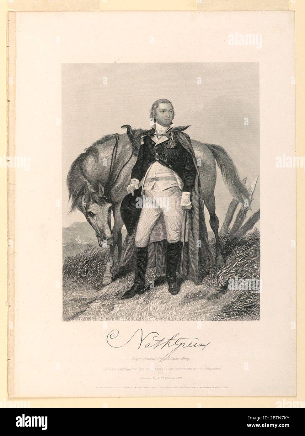 Portrait de Nathanael Greene. Recherche en progressPortrait en longueur du général révolutionnaire américain Nathanial Greene (1742-1786), debout devant son cheval dans un paysage montagneux ouvert. Il porte un long cap. Banque D'Images