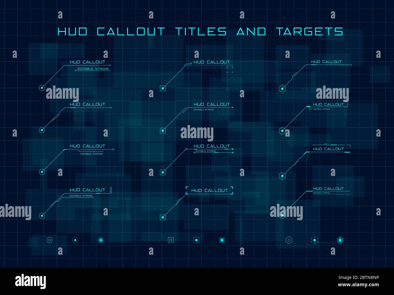 Ensemble de titres et de cibles de légende bleus, style HUD, sur fond numérique high tech bleu foncé. Contour modifiable. Idéal pour l'animation. Vecteur Illustration de Vecteur