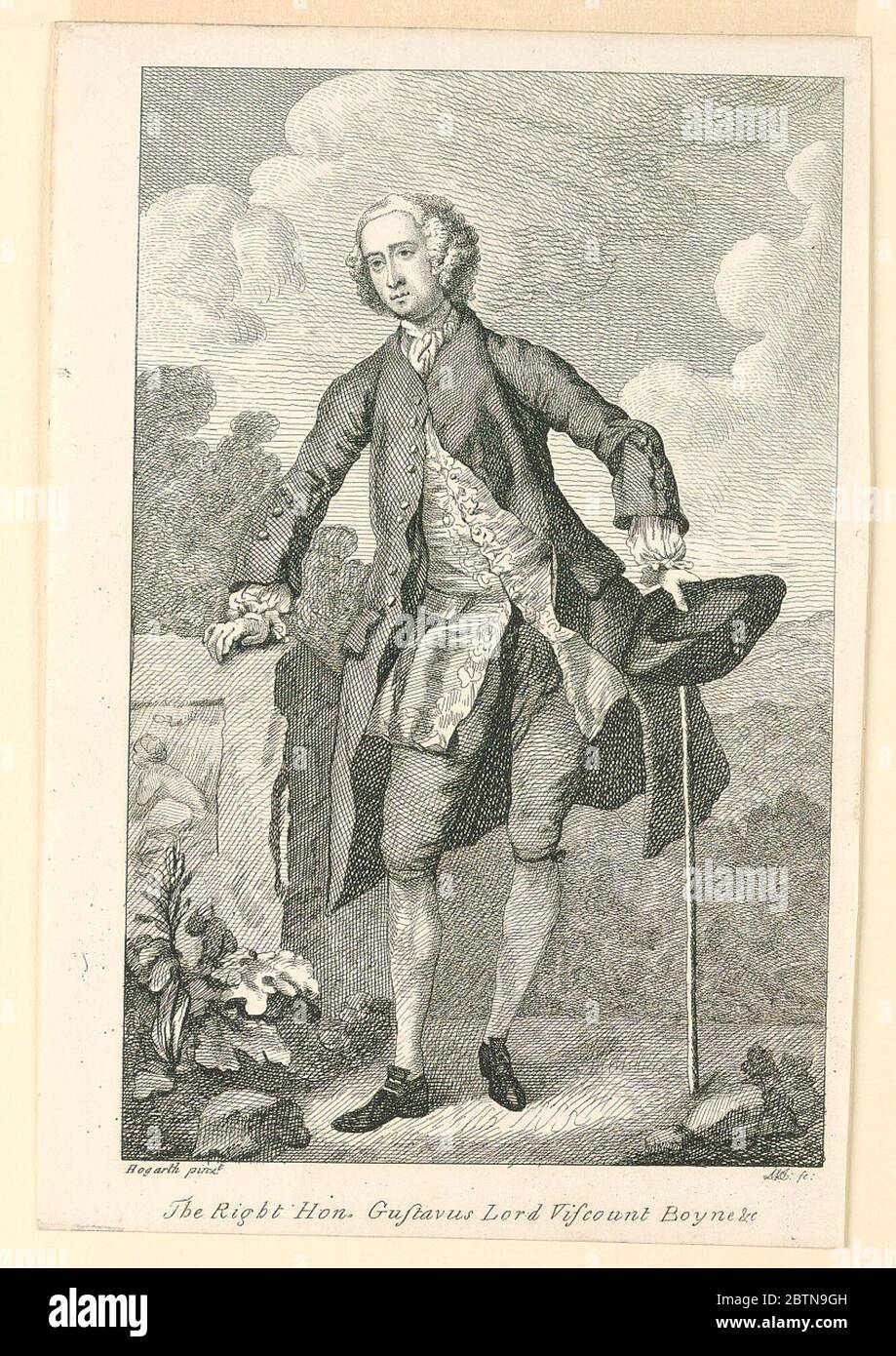 Le très honorable Gustavus Lord Viscount Boyne C. recherche en Progressa portrait complet d'un jeune homme en paysage. Il est debout au premier plan légèrement tourné vers la gauche. Il repose sa main droite sur une pierre sculptée. Dans sa gauche il tient son chapeau et sa canne. Dans d'autres collines et arbres de fond. Banque D'Images