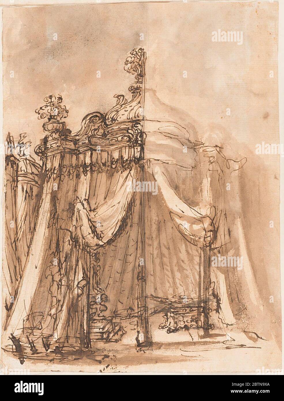Tente royale. Recherche en progress les deux ailes à côté du poste à l'entrée sont soulevées. Visible à l'intérieur, à gauche, une partie d'un trône, à droite, un piédestal sur lequel reposent des objets distincts. À gauche de deux autres tend. La moitié droite est seulement en partie esquissée. Banque D'Images