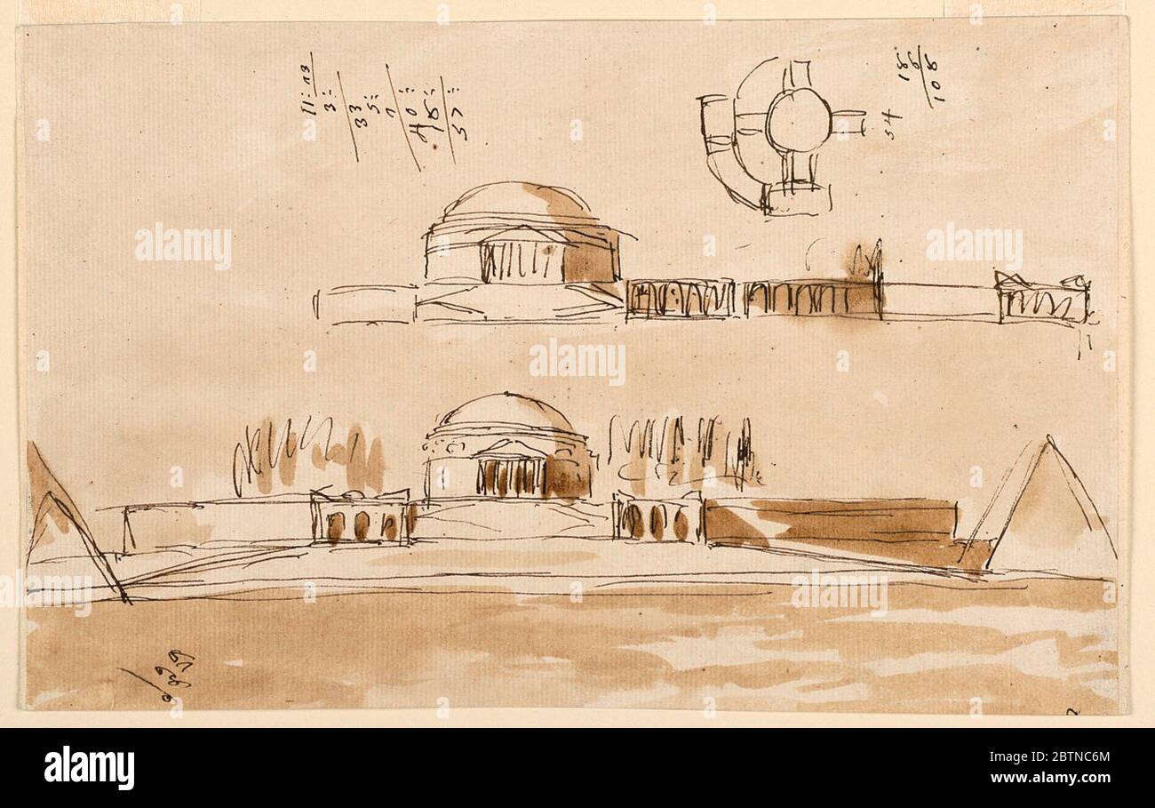 Esquisses pour un mausolée. Recherche en ProgressTop : une partie du plan du bâtiment central. Il est circulaire et a quatre porticos qui sont reliés par des galeries. Il repose sur une plate-forme ovoïde qui est soutenue latéralement par des colonnades. Centre : élévation de la partie droite. Banque D'Images