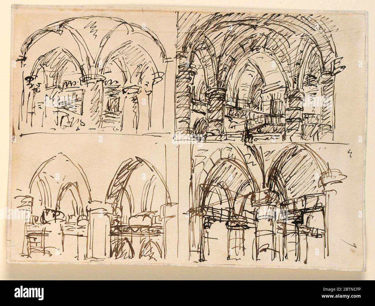 Détails de conception de scène d'intérieurs gothiques. Recherche en ProgressDour des dessins montrant des détails architecturaux d'intérieurs gothiques, grossièrement esquissés. Banque D'Images