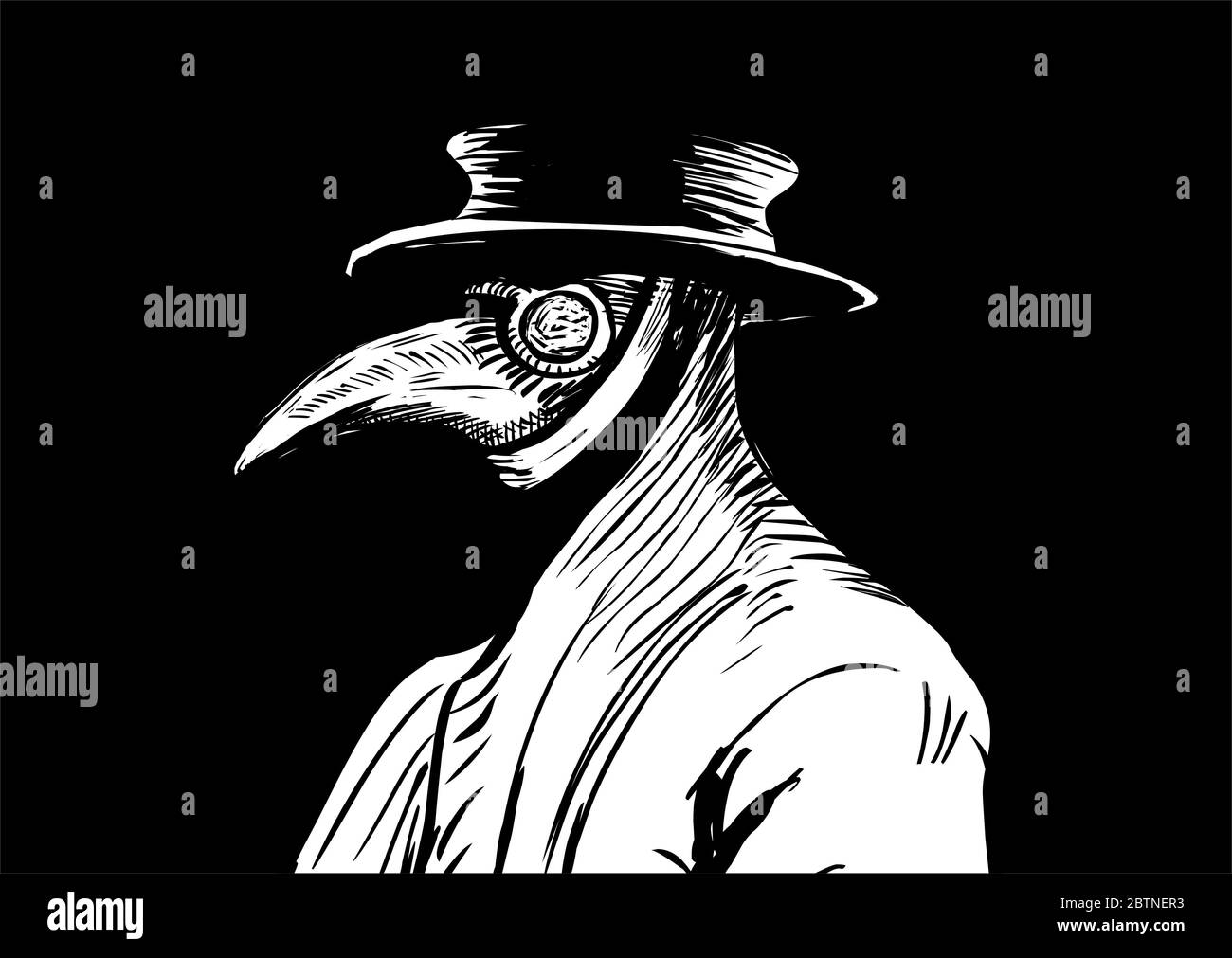 Médecin de la peste avec masque d'oiseau et chapeau. Costume médiéval effrayant avec bec long. Banque D'Images