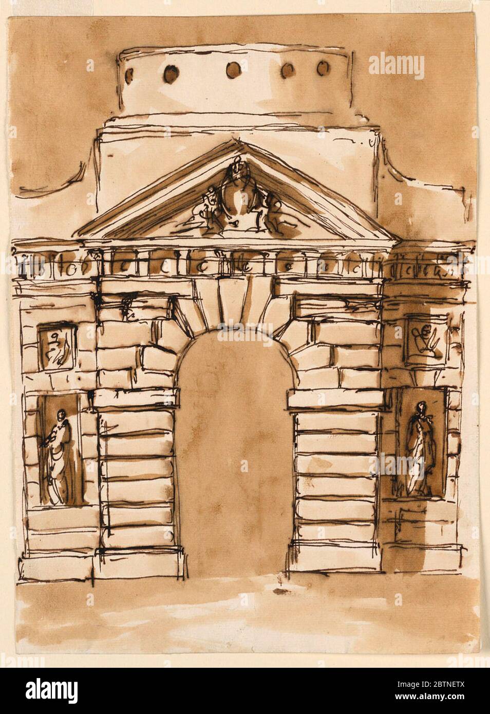 Porte de ville. Recherche en ProgressArché porte en saillie panneau rustique. Fronton triangulaire avec écusson tenu par deux figures. Niches dans les panneaux muraux latéraux avec figures. Surmontée d'une tour basse. Arrière-plan coloré. Banque D'Images