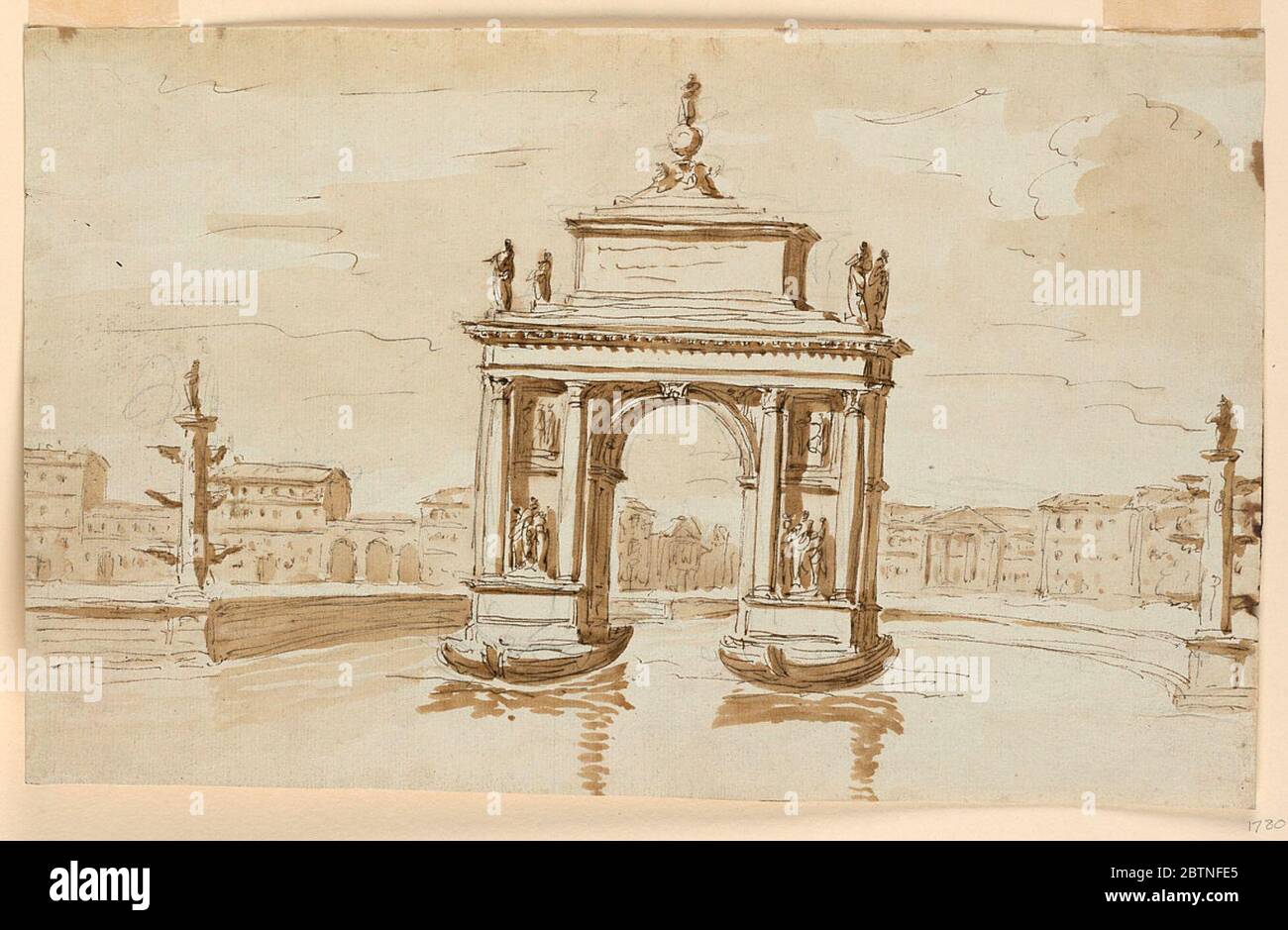 Arc triomphal. Recherche en ProgressLa voûte s'élève de deux barges. Les colonnes corinthiennes supportent l'entablature. Au-dessus se trouve un socle sur les marches. Les statues se trouvent aux coins de la plus basse. En haut se trouve un groupe. Le plan compliqué du bassin est incomplètement montré. Banque D'Images