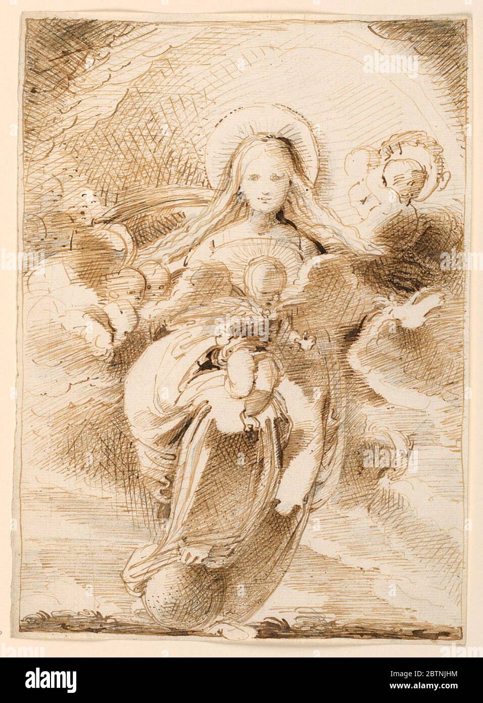 La Vierge à l'enfant. Recherche en ProgressSitting dans les nuages, ses pieds sur un globe' vu frontally. L'enfant, sur ses genoux, penche vers l'avant en s'adressant au spectateur. À côté sont chérubins. En arrière-plan une gloire de lumière. Ligne de cadrage. Banque D'Images