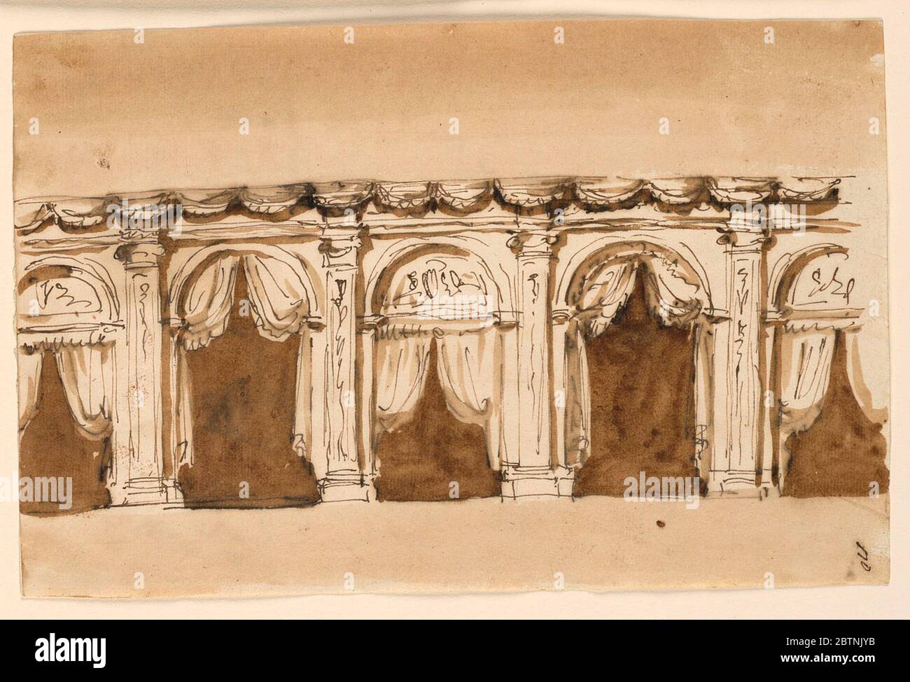 Élévation murale d'une salle. La recherche en ProgressElevation montre des séries d'arches séparées par des pilastres sous la garniture festoon, chacune drapée et avec une décoration alternée sur la porte. Banque D'Images