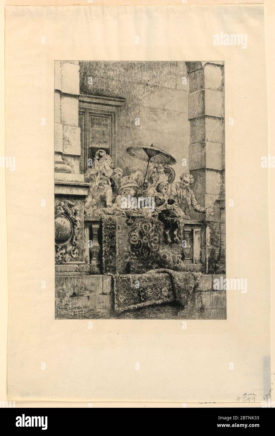 Mesdames et Messieurs, à un balcon. Recherche en Progressa rassemblement de Mesdames et Messieurs sur un balcon, avec un tapis oriental jeté sur la balustrade. Inscrit, en bas à gauche: 'Cortazzo/1878.' Banque D'Images