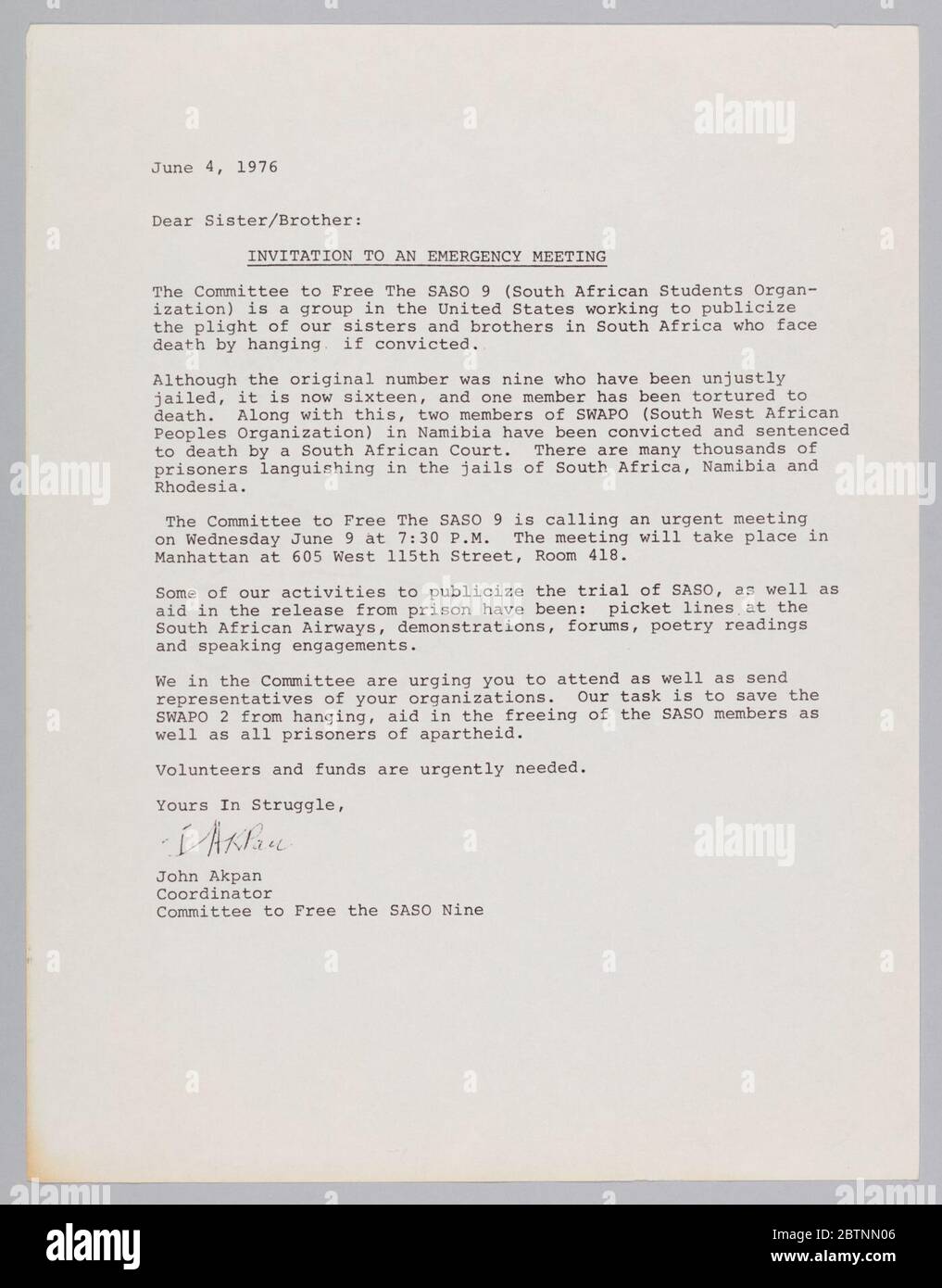 Lettre d'invitation du Comité de libération de la SASO 9. Cette lettre du Comité de libération de la SASO 9 invite les gens à une réunion d'urgence sur la SASO 9. Banque D'Images