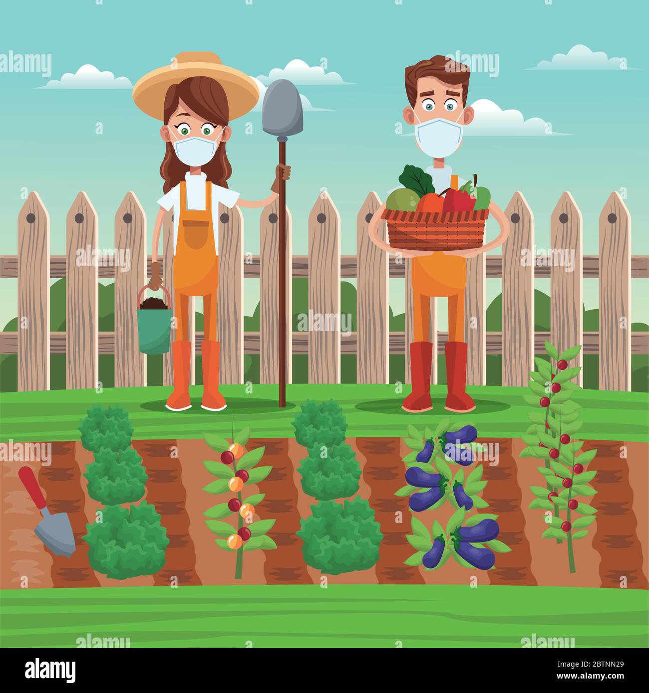 couple d'agriculteurs portant des masques médicaux scène Illustration de Vecteur