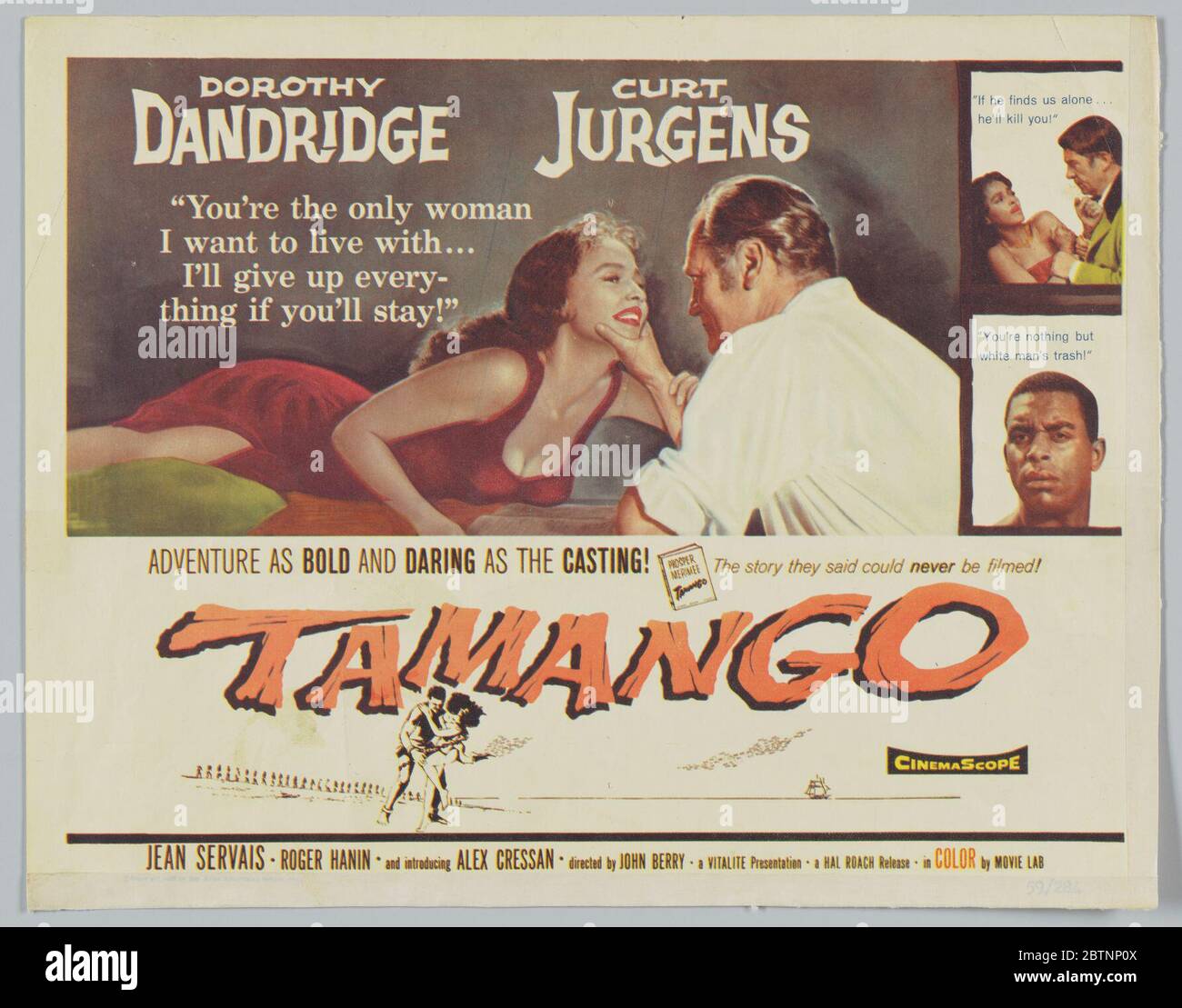 Carte de réception pour Tamango. Une carte de lobby pour le film Tamango imprimée sur papier blanc cassé. Le coin supérieur gauche est « Dorothy/Dandridge ». Banque D'Images