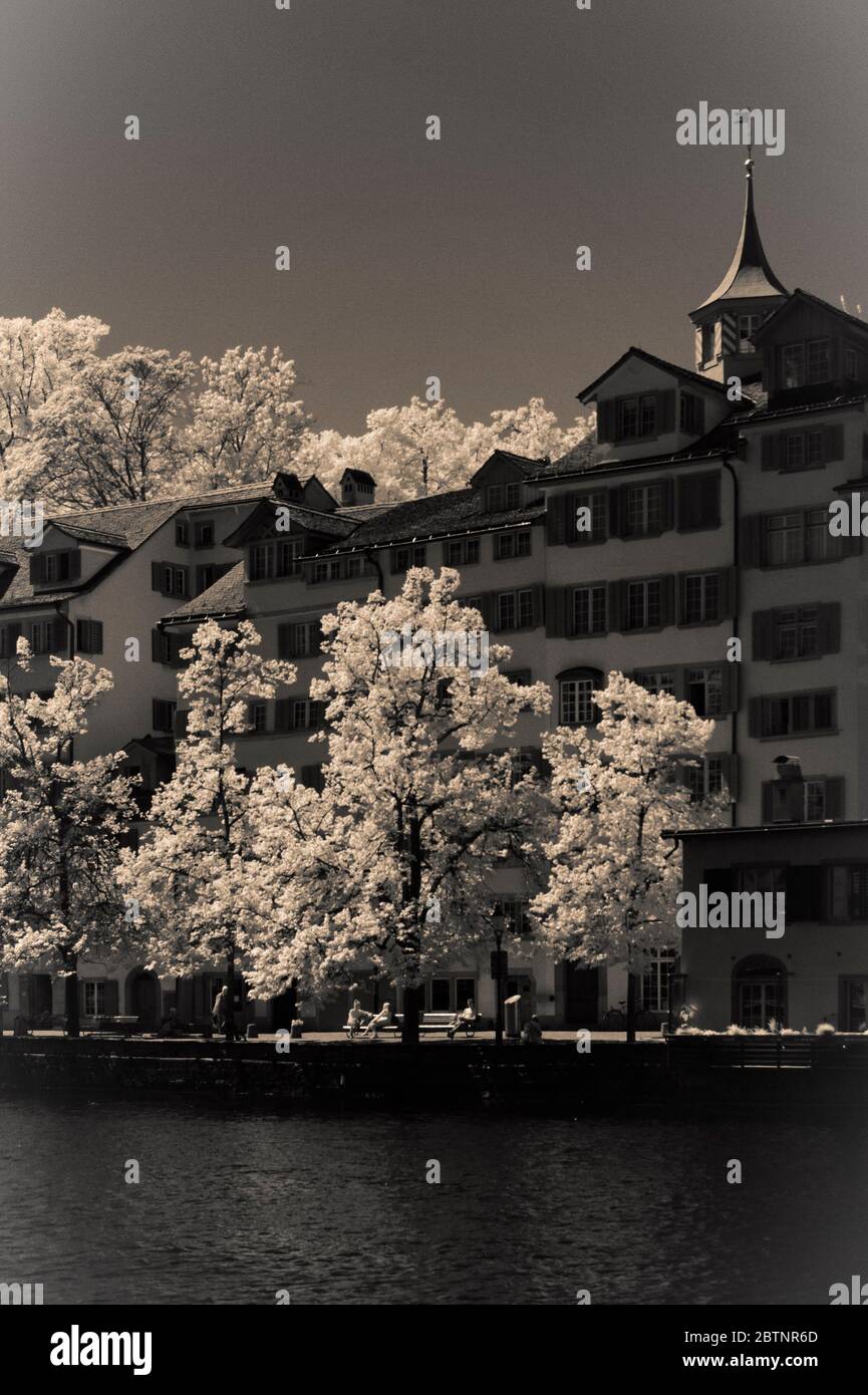 image infrarouge - vue sur la colline du tilleul et les rives du limmat - ville de zurich - suisse Banque D'Images