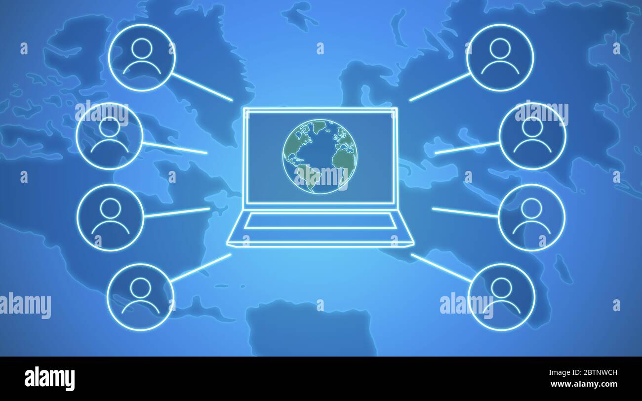 Communication internationale. Illustration avec ordinateur portable, icônes de communauté virtuelle et carte du monde sur fond bleu, panorama Banque D'Images