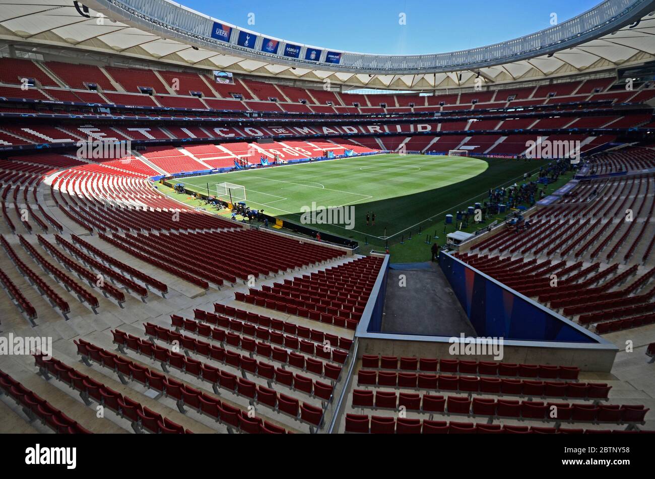 MADRID, ESPAGNE - 31 MAI 2019 : vue générale du lieu photographié un jour avant la finale de la Ligue des champions de l'UEFA 2018/19 entre Tottenham Hotspur (Angleterre) et le Liverpool FC (Angleterre) à Wanda Metropolitano. Banque D'Images
