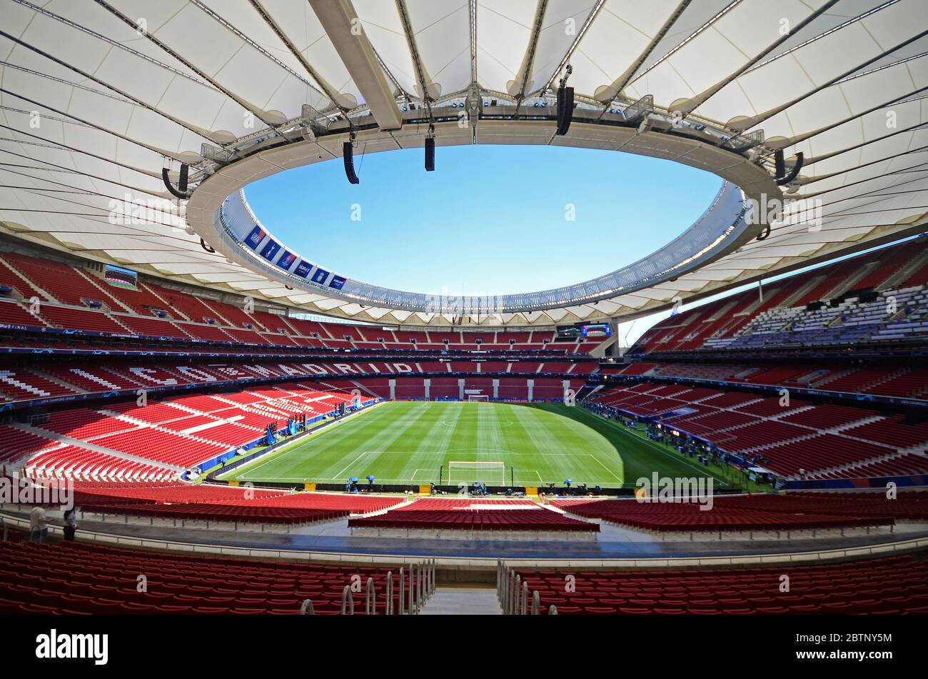 MADRID, ESPAGNE - 31 MAI 2019 : vue générale du lieu photographié un jour avant la finale de la Ligue des champions de l'UEFA 2018/19 entre Tottenham Hotspur (Angleterre) et le Liverpool FC (Angleterre) à Wanda Metropolitano. Banque D'Images