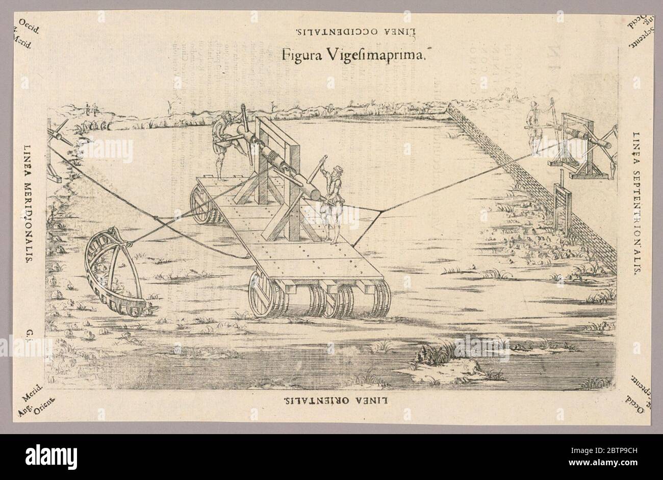 Plaque XXI de Theatrum instrumentorum et machinarum. Recherche en ProgressMachien pour le défrichement des eaux peu profondes des roches. Un radeau sur des barils, avec un treuil tourné par deux hommes. Gauche, grand sabot attaché à la corde, tiré vers le radeau. Le radeau a ancré sur les rives opposées par deux autres treuils, avec deux hommes chacun. Banque D'Images