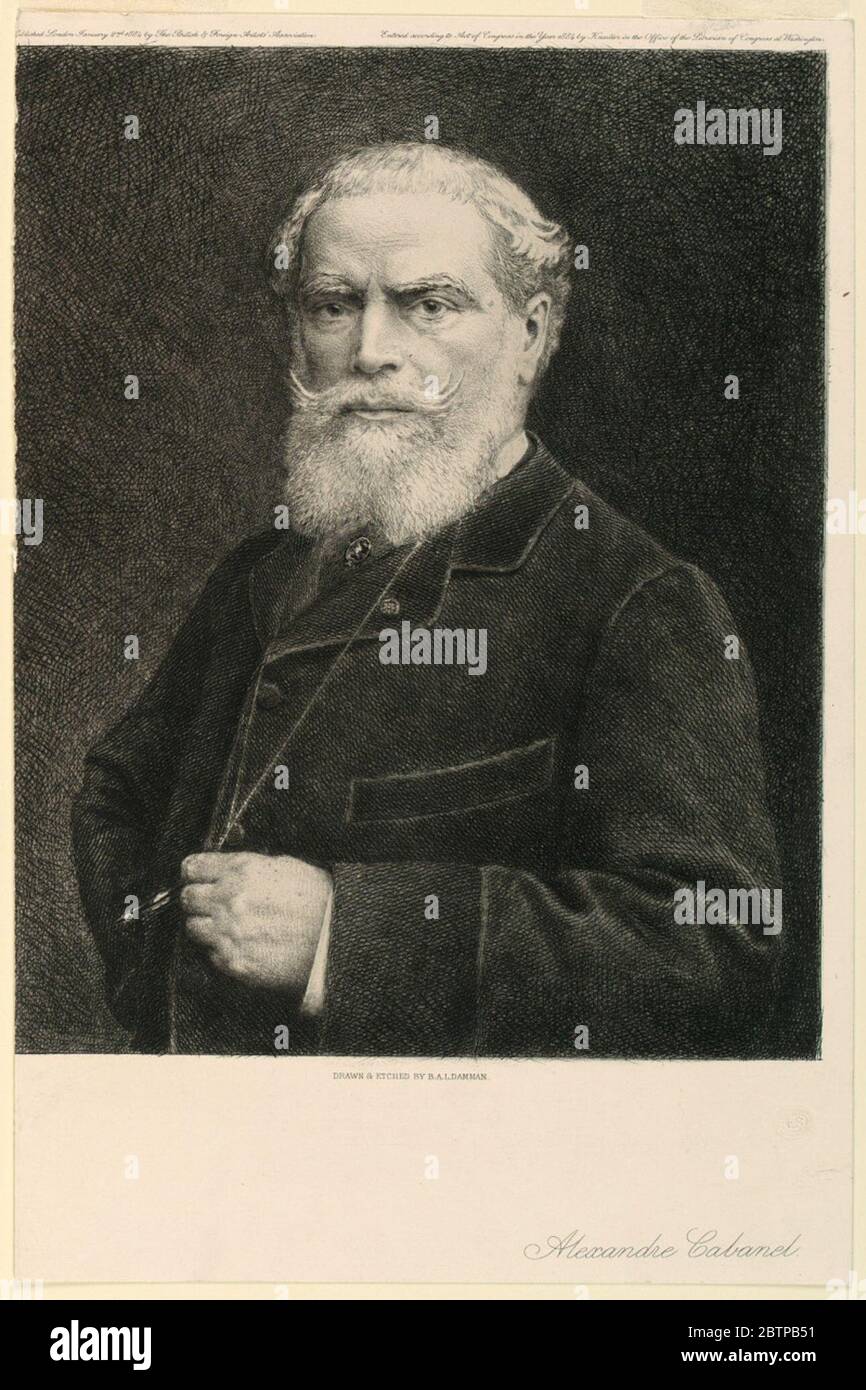 Portrait d'Alexander Cabanel. Recherche en ProgressPortrait de Alexandre Cabanel (1824-1889), peintre français, tourné vers la gauche, sa tête tournée vers la façade. Il porte une barbe blanche et un moustachios. Avec sa main gauche, il tient ses lunettes, sur une chaise. Banque D'Images