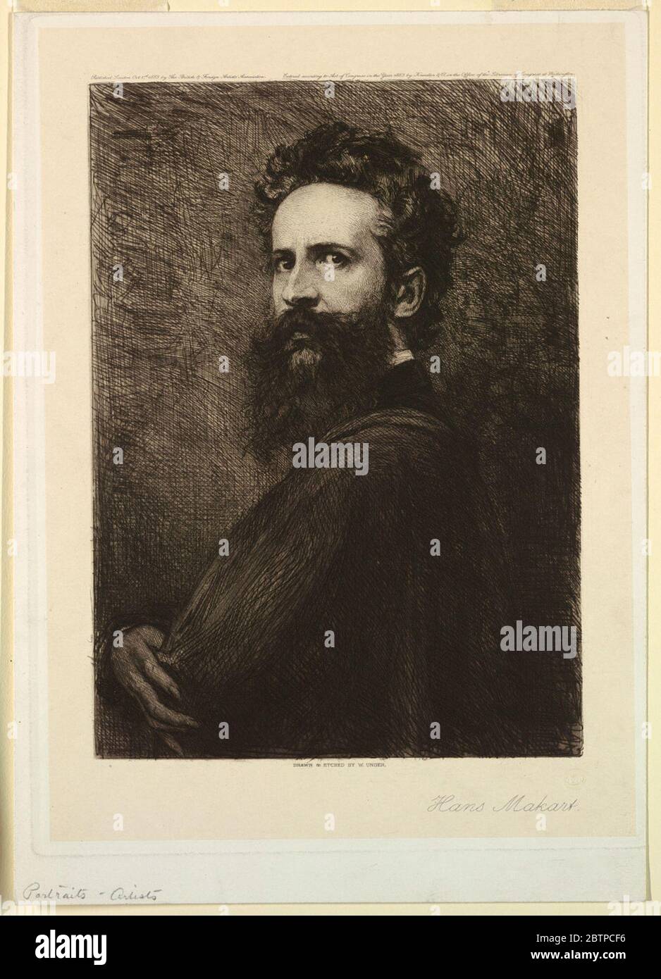 Portrait de Hans Makart. Recherche en ProgressPortraits de longueur Half du peintre autrichien, Hans Makart (1840-1884), vu tourné vers la gauche, son regard dirigé frontal. Ses bras sont pliés sur sa poitrine et il porte une barbe complète. Nom du sitter ci-dessous, et en haut, nom de l'éditeur. Banque D'Images