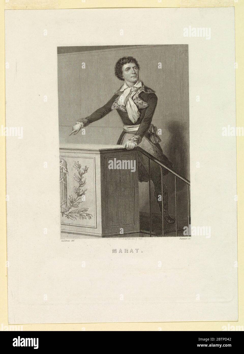 Portrait de Jean Paul Marat. Recherche en progressPortrait en longueur du leader révolutionnaire français Jean Paul Marat (1743-1793), debout sur une tribune, pointant vers le bas avec sa main droite et regardant par-dessus son épaule gauche. Il porte un manteau fluide et une fourrure. Banque D'Images