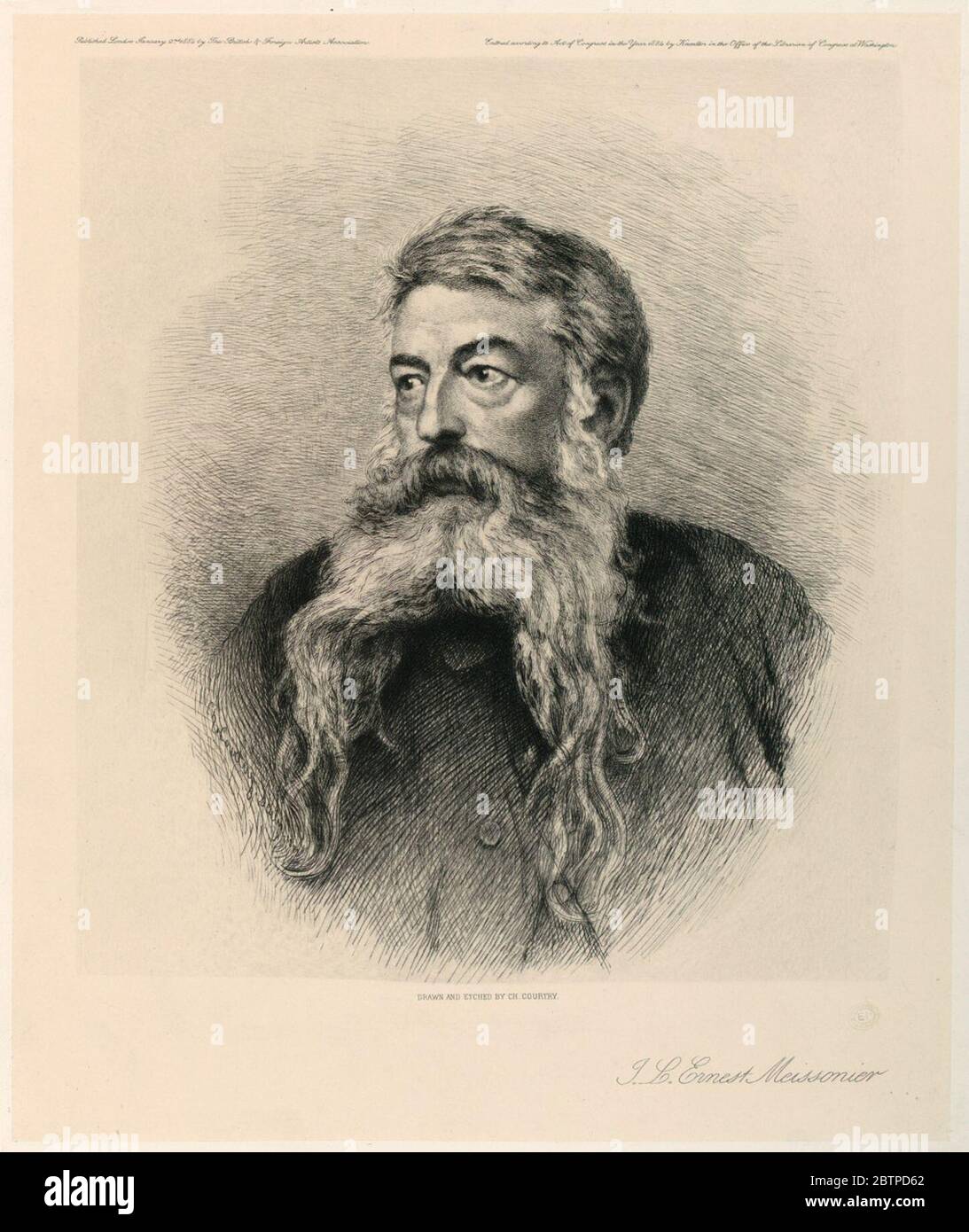 Portrait de Jean Louis Ernest Meissonier. Recherche en ProgressPortrait de la longueur de ProgressBust du peintre français Jean Louis Ernest Meissonier (1815-1891), portant une barbe qui coule dans deux longs ruisseaux, son regard dirigé vers la gauche. Il est montré face à la façade. Nom du sitter ci-dessous, et en haut, nom de l'éditeur. Banque D'Images
