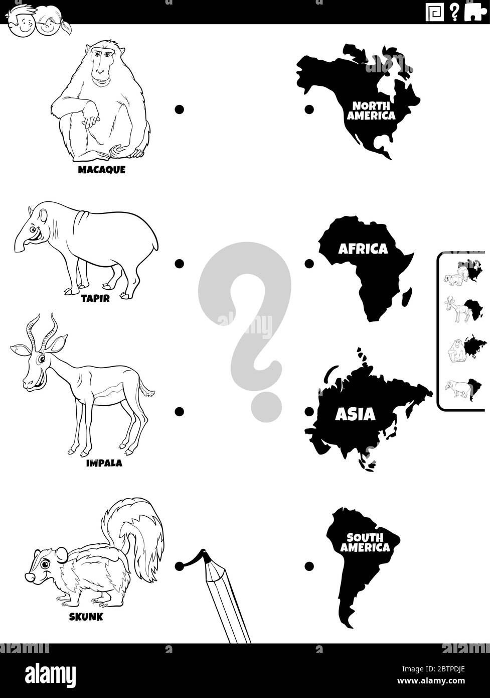 Dessin-modèle noir et blanc Illustration du jeu éducatif de mise en correspondance pour les enfants avec des personnages d'espèce animale et des formes de continent page de livre de coloriage Illustration de Vecteur