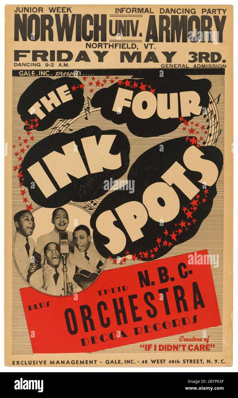Affiche pour les quatre Inkspots et l'Orchestre NBC. Une affiche annonçant une performance des quatre points d'encre plus le N.B.C. Orchestre à Northfield, Vermont, à l'Armory de l'Université Norwich, le 3 mai. L'affiche comporte une écriture noire en haut qui donne des informations sur l'événement. Banque D'Images