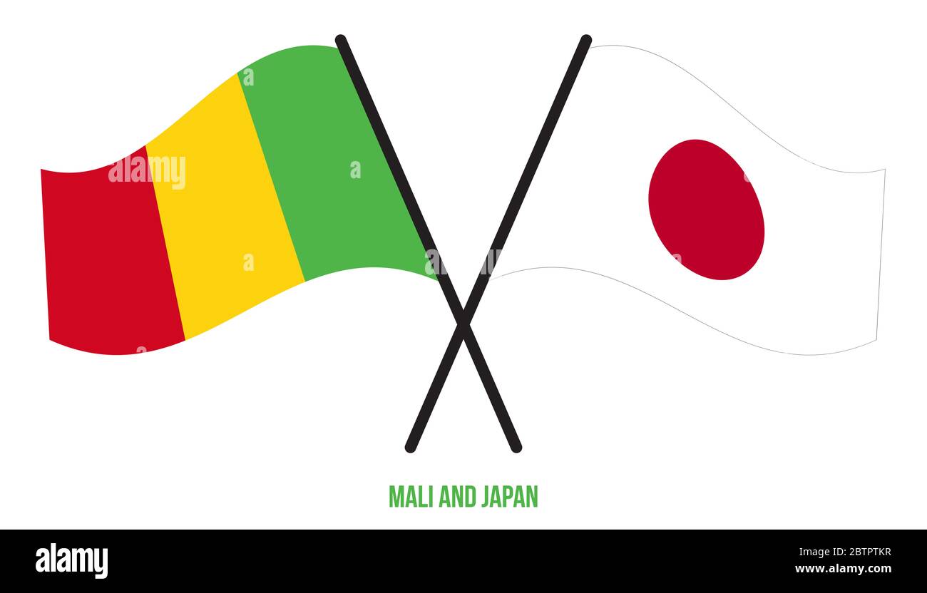 Mali et Japon drapeaux croisés et ondulant le style plat. Proportion officielle. Corriger les couleurs. Banque D'Images
