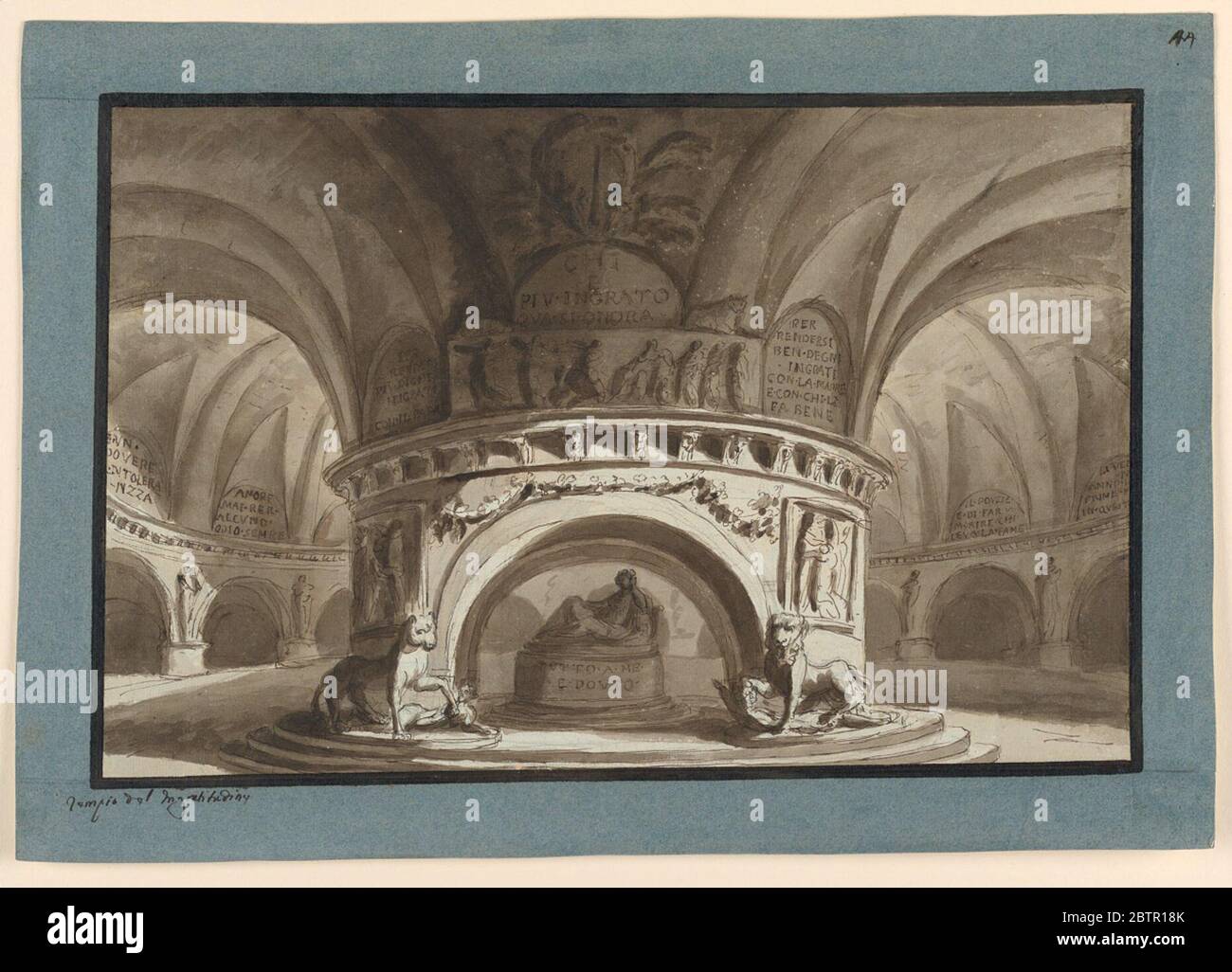 Temple de conception de scène de l'ingratitude. Recherche en ProgressCircular souterrain salle voûtée, immense colonne de soutien au milieu dans le centre dont une sorte d'autel avec statue de temple qui y est couché. Banque D'Images