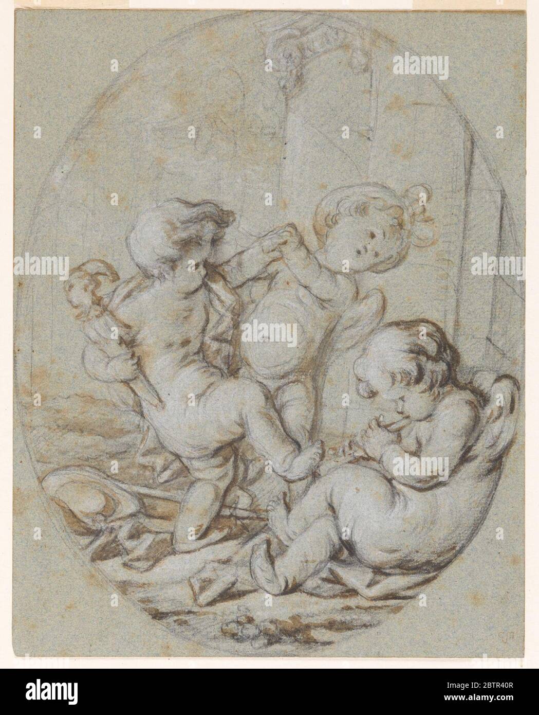 Trois Putti Design pour une peinture à la grisaille. Recherche en ProgressTwo putti, dont on tient un personnel de duper, danse à la musique d'une flûte jouée par un troisième puto. La scène est définie sur un arrière-plan architectural. Banque D'Images