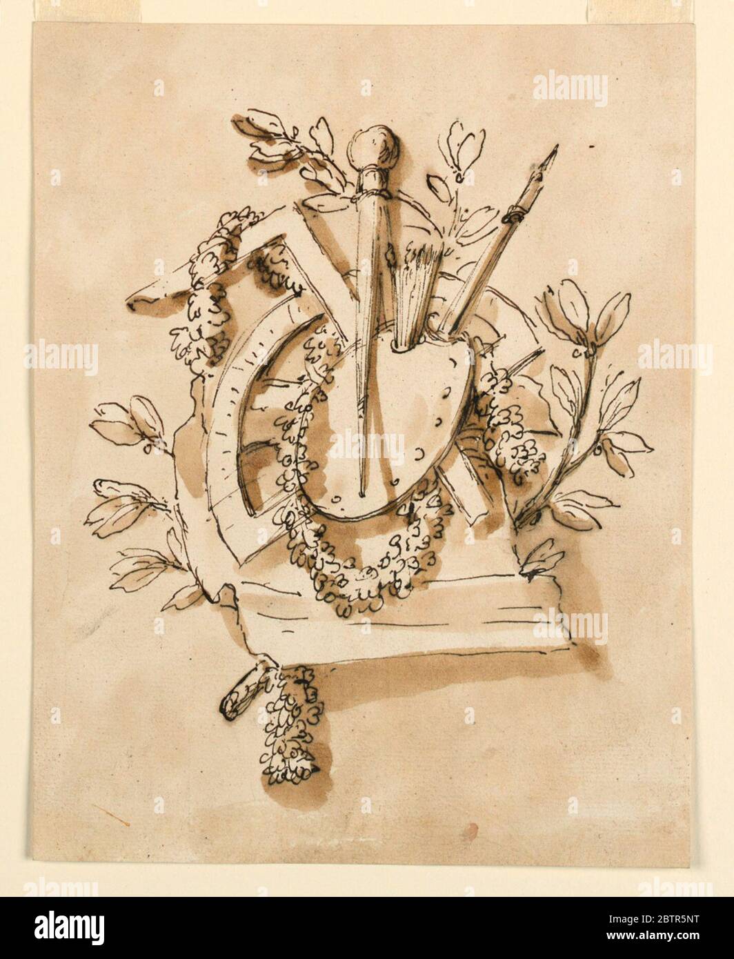 Trophée des outils d'artistes. Recherche en Progressa palette avec des pinceaux dans la soute, un compas, un carré, un dessin-stylo, un rapporteur, et une guirlande devant une strone (?) et une branche. Arrière-plan coloré. Banque D'Images