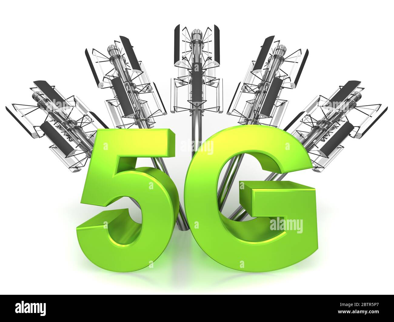 Mot vert 5G avec cinq antennes sur fond blanc Banque D'Images
