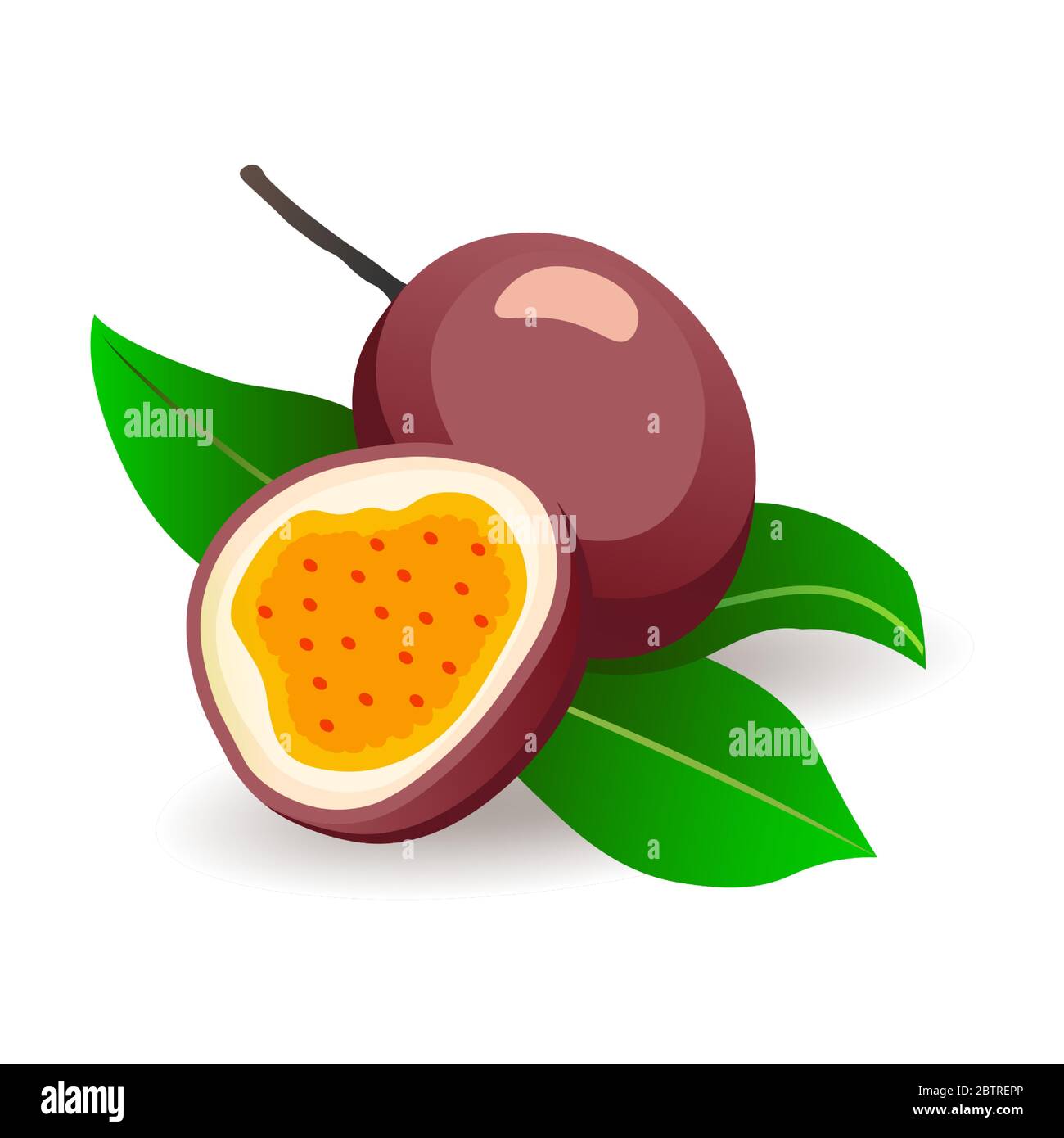 Passionfruits avec feuilles sur fond blanc. Fruits exotiques biologiques, illustration vectorielle de style plat. Détox tropical Illustration de Vecteur