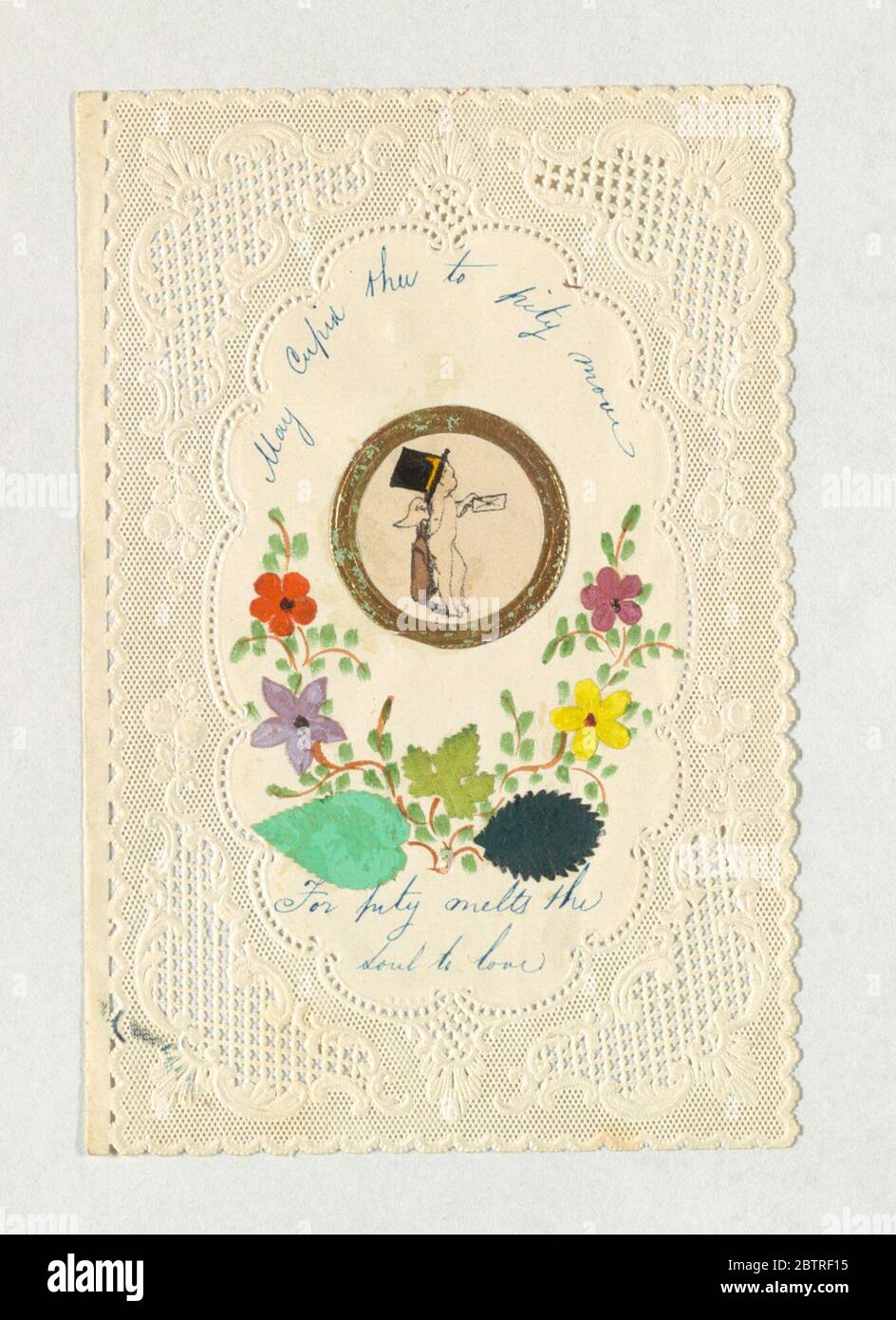 Accueil Saint-Valentin. Recherche en ProgressDans le centre, un spray floral autour d'un anneau de mariage en papier d'or gaufré encerclant Cupid comme un porte-lettre. Inscrit à l'encre bleue: 'May Cupid thee to pitié Move / for pitié fond l'âme à l'amour'. Banque D'Images