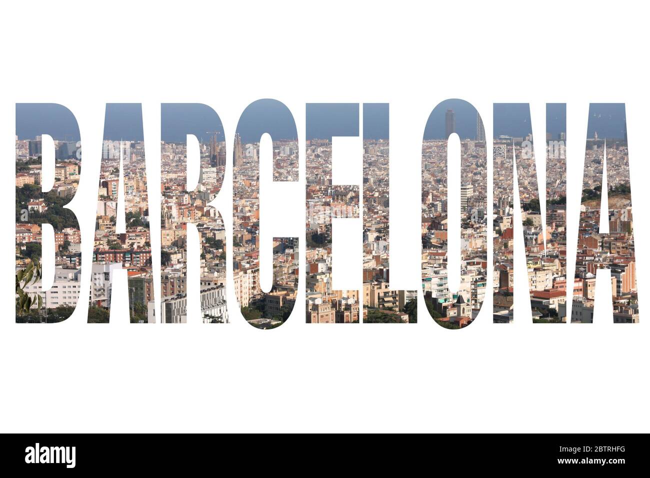 Barcelone, Espagne - signe du nom de la ville avec photo en arrière-plan. Isolé sur blanc. Banque D'Images