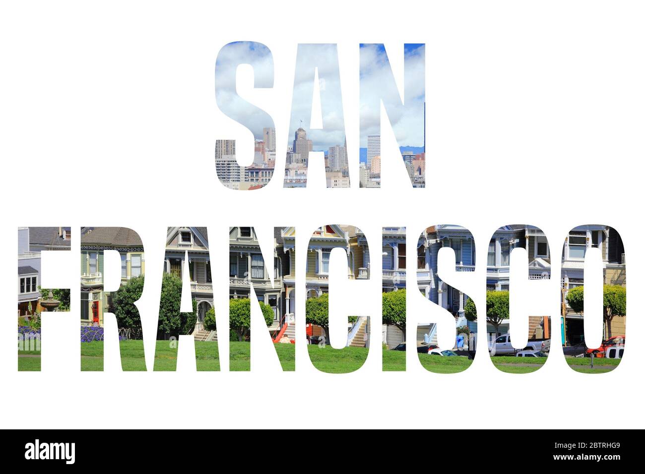 San Francisco, Californie - signe du nom de la ville avec photo en arrière-plan. Isolé sur blanc. Banque D'Images