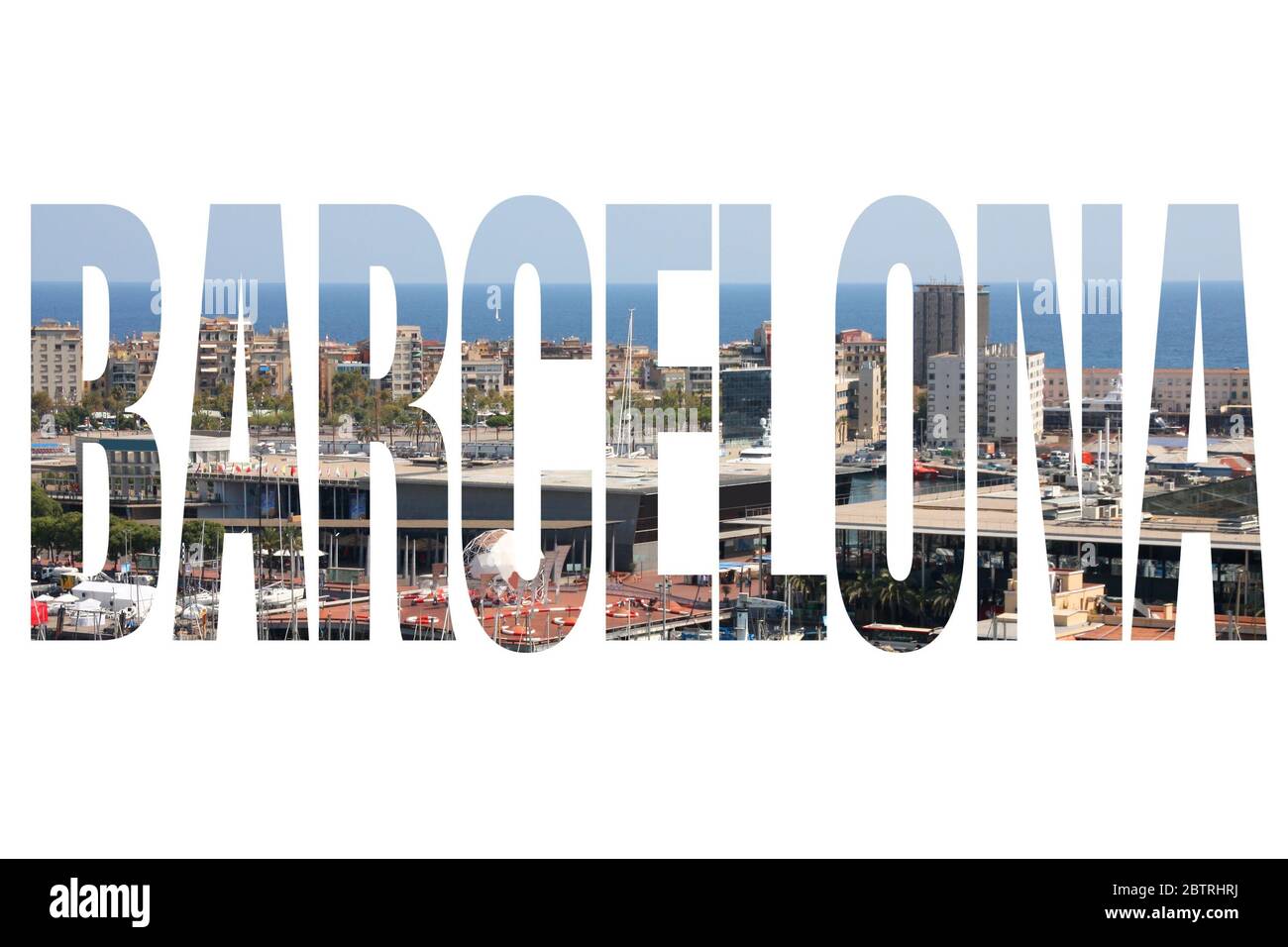 Barcelone, Espagne - signe du nom de la ville avec photo en arrière-plan. Isolé sur blanc. Banque D'Images