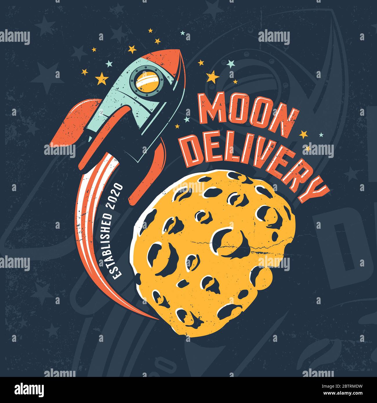 Une fusée survole la Lune. Affiche d'espace vintage. Livraison de lune - illustration rétro-vectorielle. Texture de gringe usée sur une couche séparée. Banque D'Images