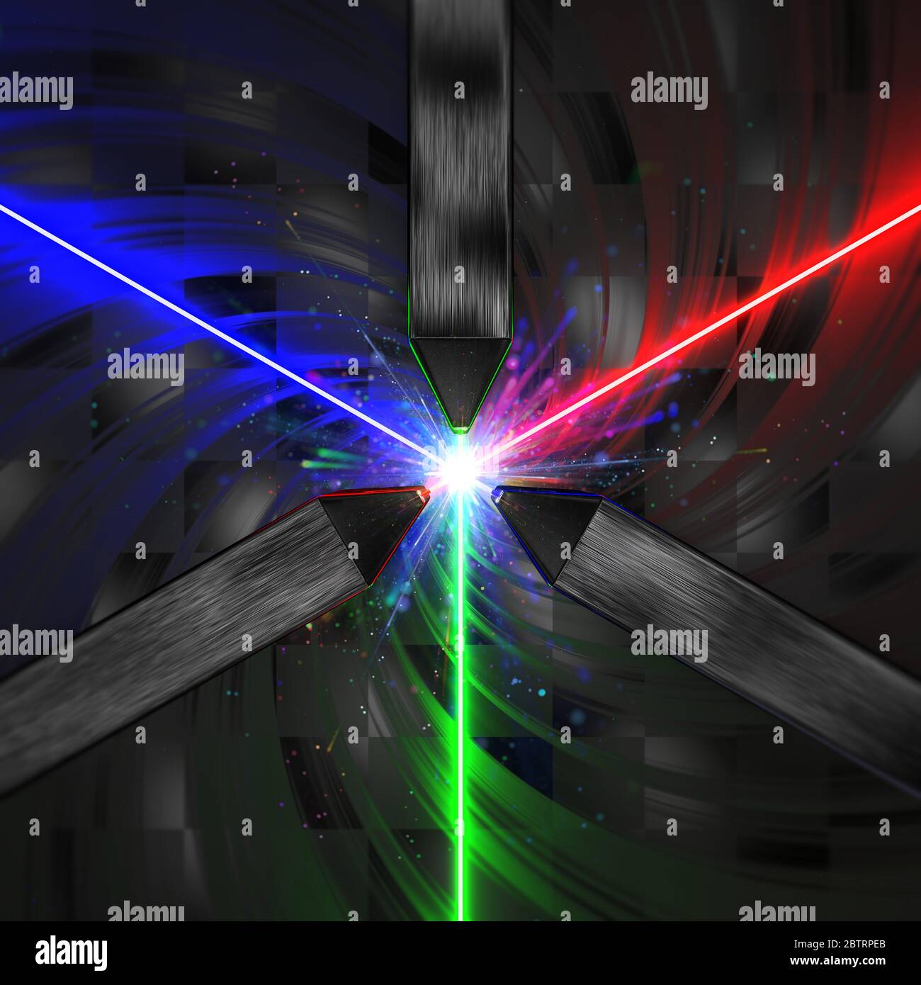 Trois lasers scientifiques émettant de la lumière RVB avec une explosion de particules colorées au centre Banque D'Images