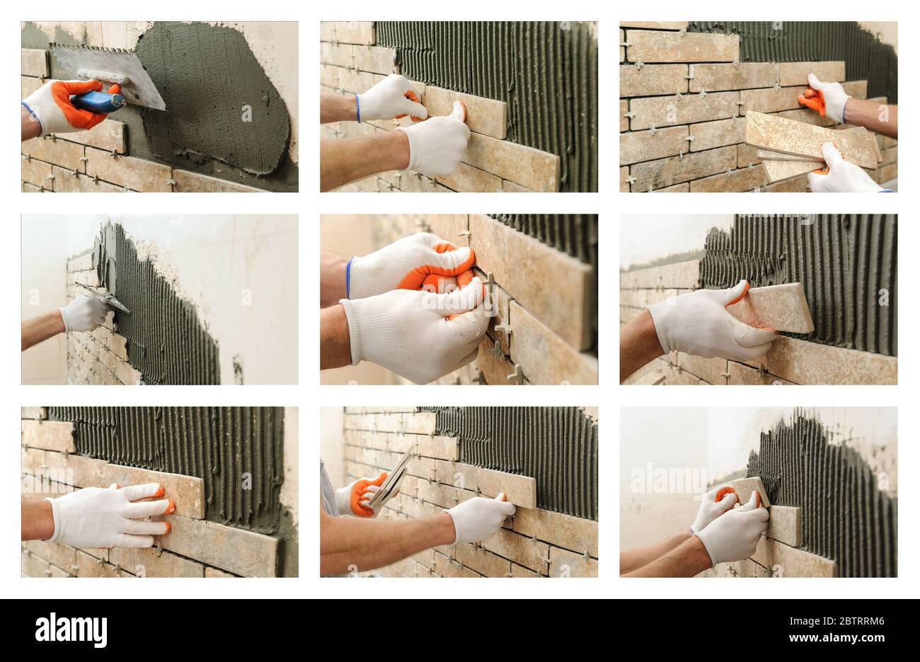 Collage de photos de travaux de construction. Installation de carreaux de céramique sur le mur. Banque D'Images