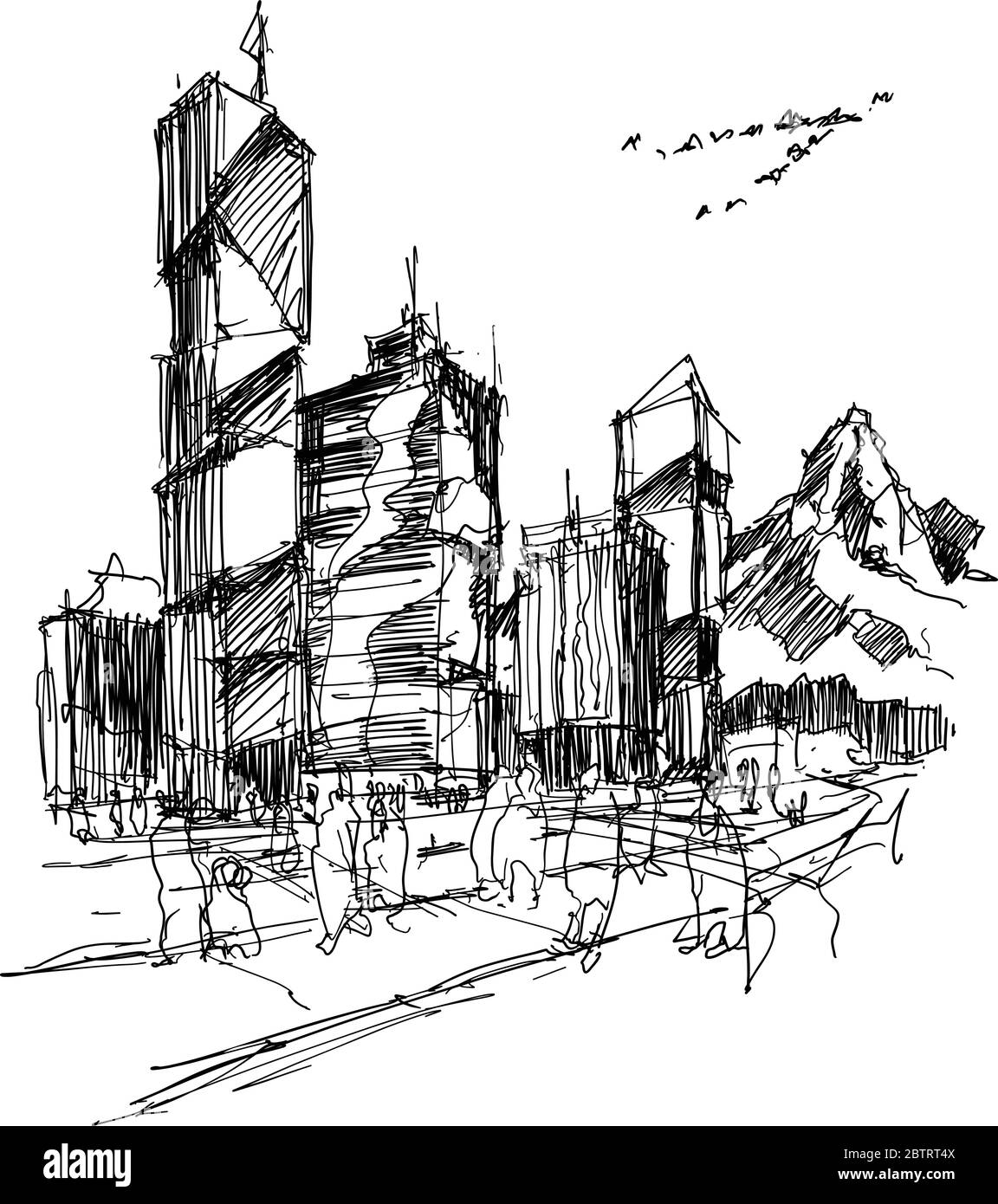 Croquis d'architecture dessiné à la main d'une ville moderne avec des immeubles et dans les rues Illustration de Vecteur