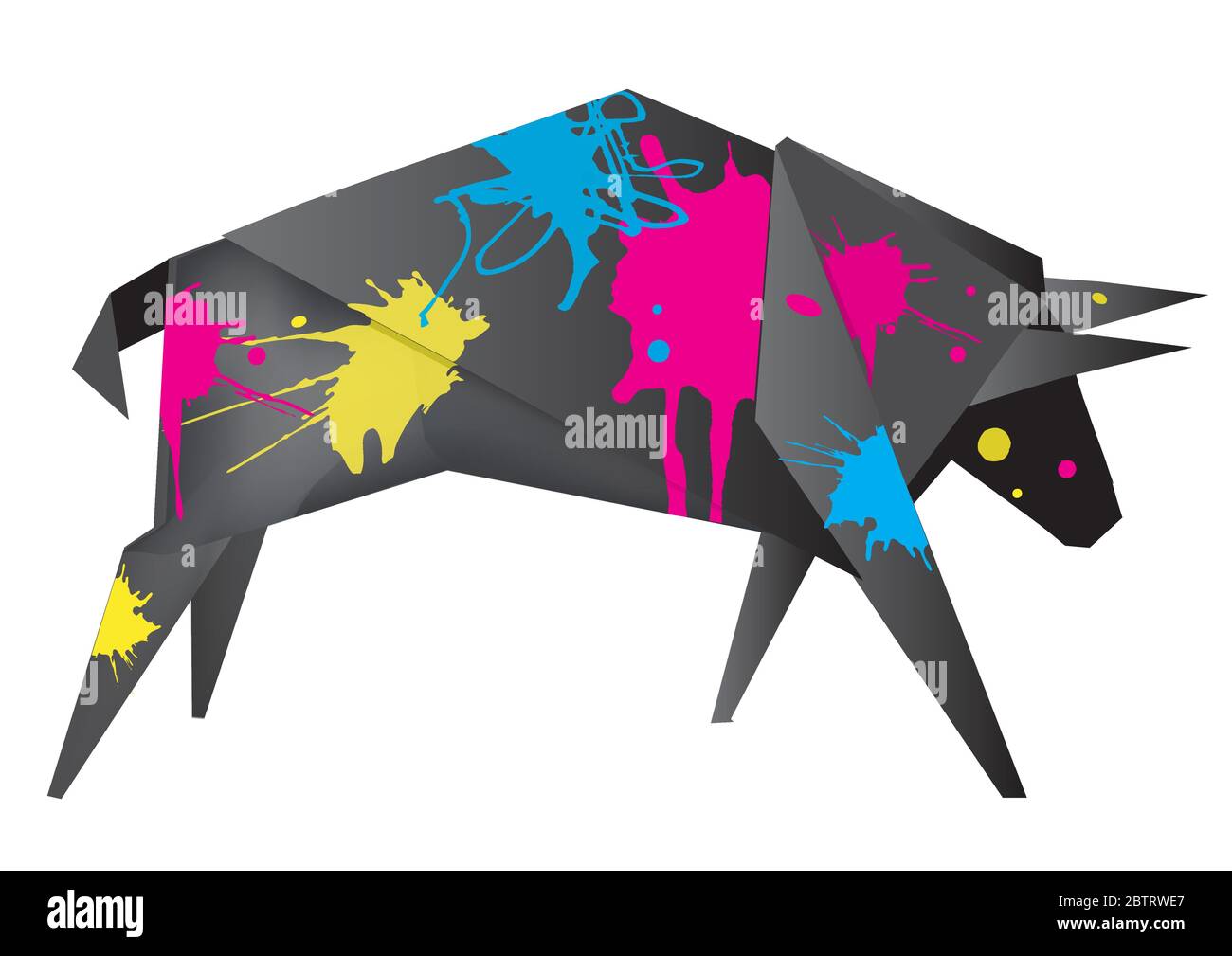 Taureau Origami noir avec couleurs imprimées. Illustration d'un taureau de papier avec des splatters de couleur cmjn. Concept de présentation de l'impression couleur. Vecteur disponible Illustration de Vecteur